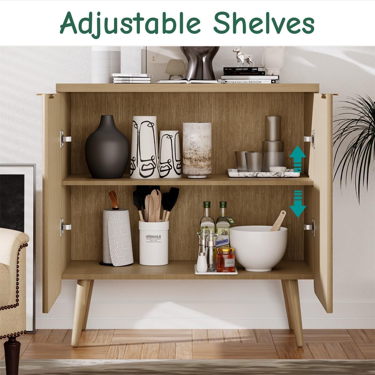 29.5" Sideboard Cabinet with Doors, Modern Buffet Cabinet with Adjustable Shelf, Dining Room Sideboard, Fluted Buffet Sideboard for Living Room, Hallway, Entryway, Natual Oak