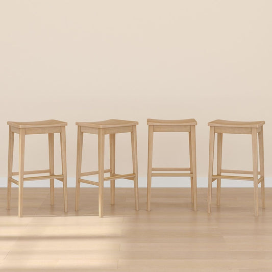 Plank+Beam Smythe Bar Stool, 30", Set of 4, Sturdy Wood Modern Kitchen Bar Height Stool, Saddle Seat Backless Bar Chair, Metal Footrest, Blonde