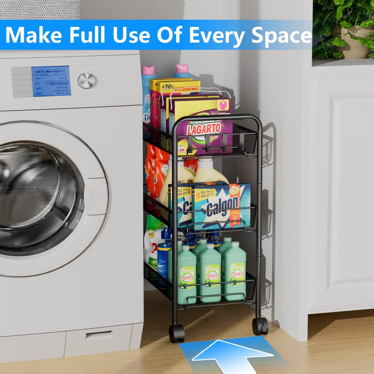 OVICAR Mesh Wire 3 Tier Rolling Cart, Kitchen Storage Utility Cart, Multifunction Basket Stand for Bathroom, Full Metal Storage Art Trolley Carts with Wheels & 4 Side Hooks (Black)