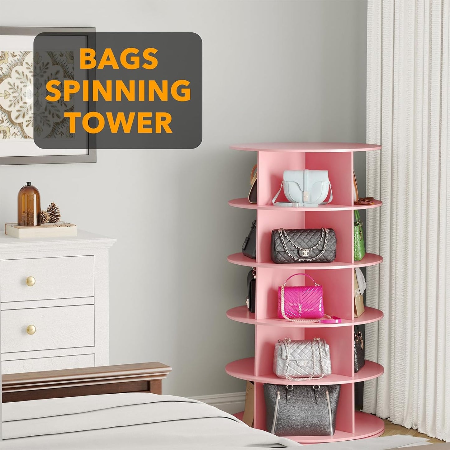 SpaceAid 5 Tier Rotating Shoe Rack Tower, Spinning Shoe Display Lazy Susan, Revolving 360 Shoe Rack Storage Round Carousel, Vertical Handbag Rotate Shoes Closet Organization (5-Tier Pink)