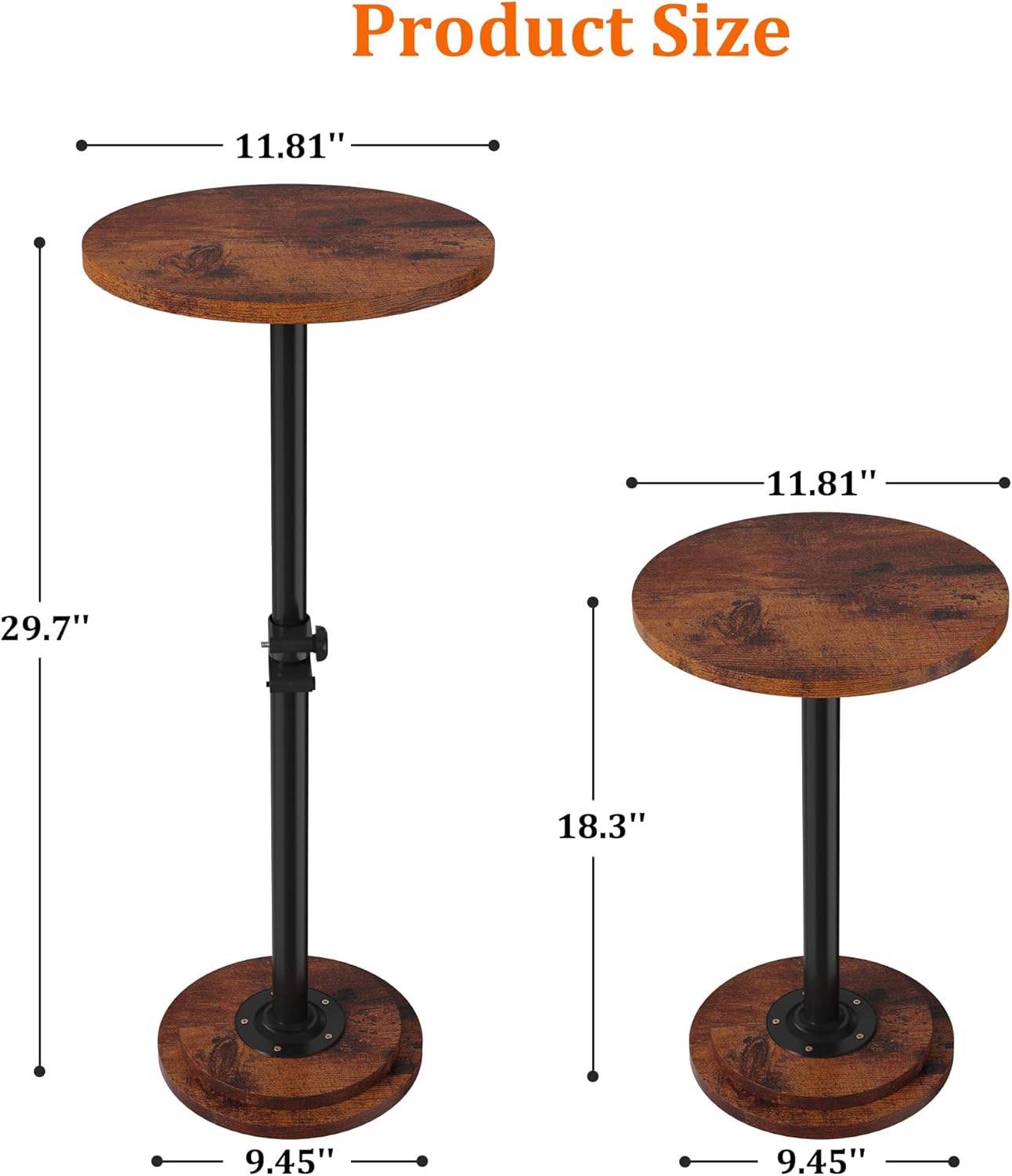 Drink Table, Small Round Side Table - 360° Swivel Height Adjustable for Small Spaces, Pedestal Martini Table for Sofa Couch, Living Room, Bedroom, Vintage