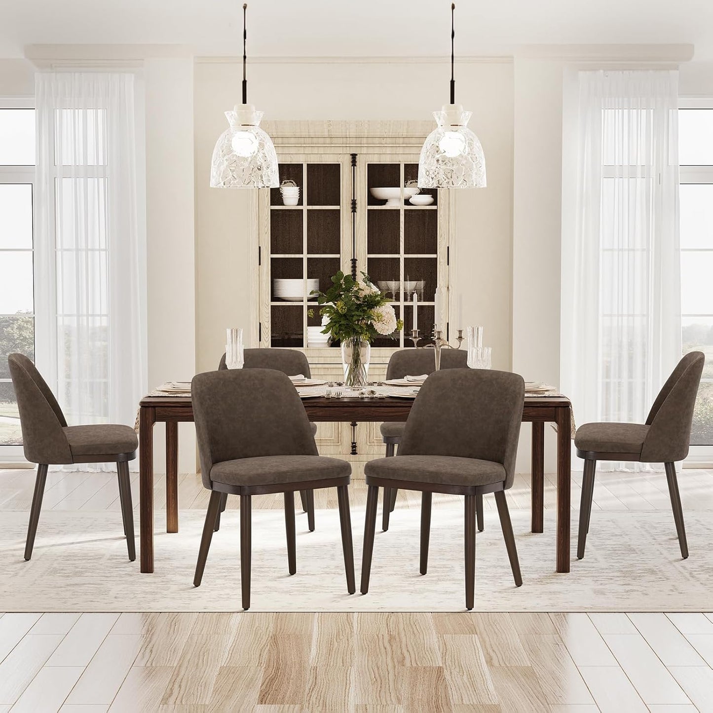 COLAMY Upholstered Dining Chairs Set of 6, Modern Kitchen Chairs with Back, Leather Side Dining Room Chairs with Wood Legs for Kitchen Dining Room Restaurant, Dark Brown