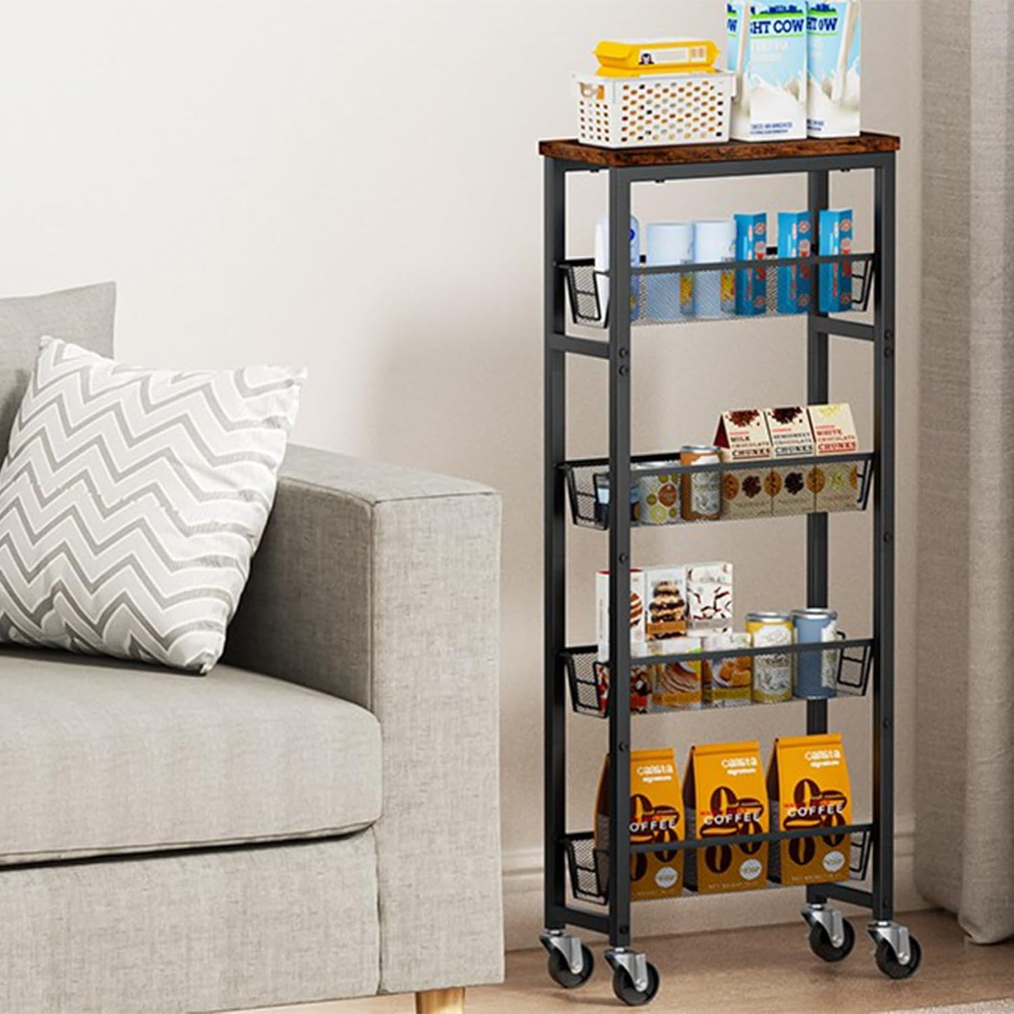 Slim Rolling Cart, 4-Tier Storage Cart, 9.1inch Narrow Kitchen Rolling Cart on Wheels for Small Space, Utility Cart Shelving Unit with Wooden Top and Metal Handle for Kitchen, Bathroom, Laundry Room