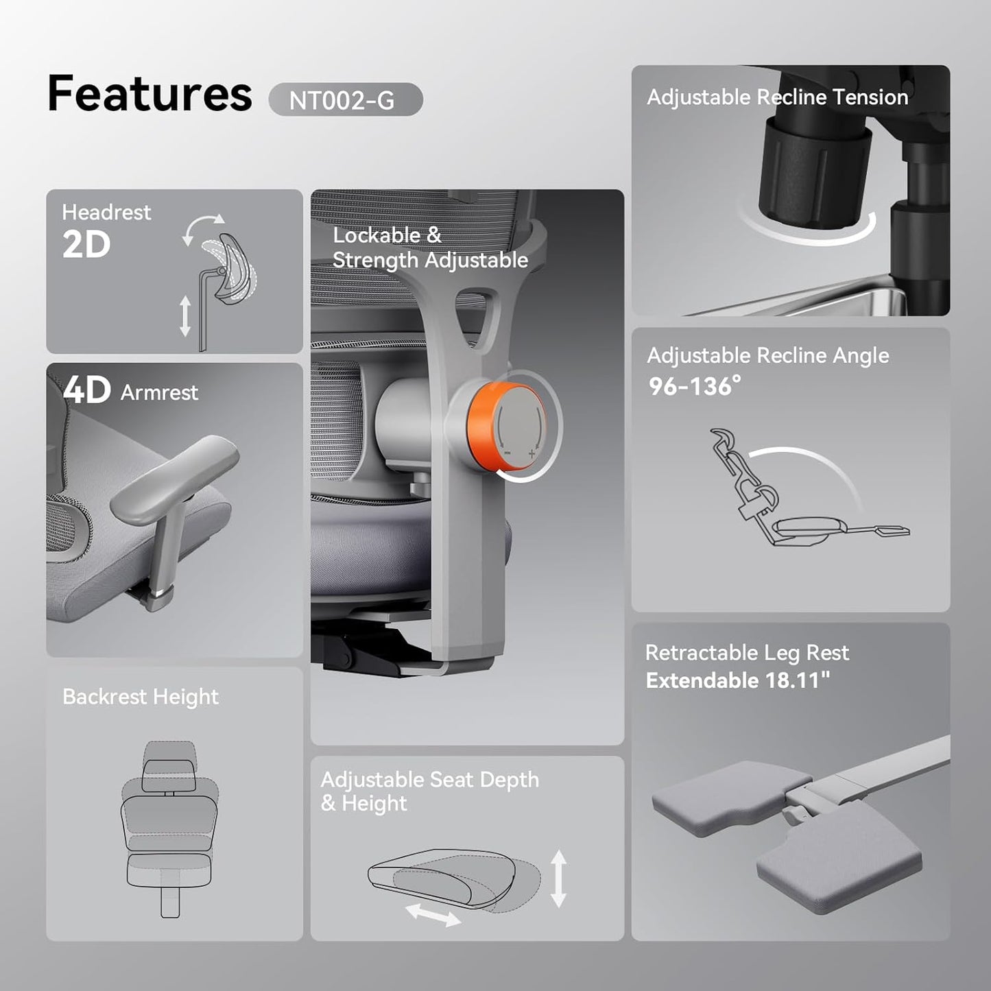 Newtral Ergonomic Office Chair - Home Office Desk Chair, Big and Tall Office Chair, Auto-Following Lumbar Support, 4D Armrest, Adjustable Seat Depth and Heigt (with Footrest, Gray)