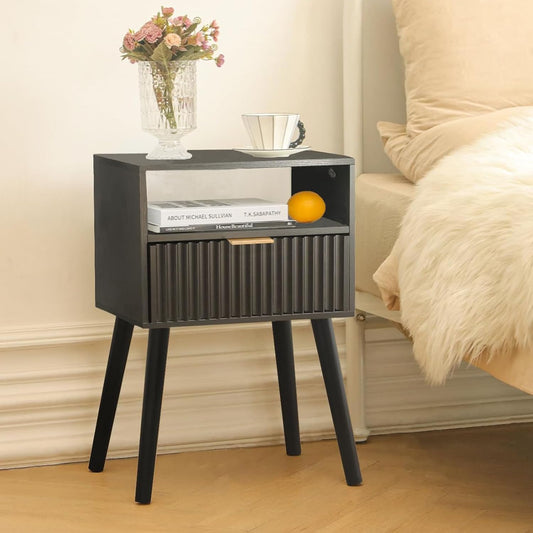 Black Nightstand, Modern Bedside Table with Fluted Drawers, Small Night Stand with Storage and Solid Wood Legs for Bedroom, Dorm and Small Space (Black)