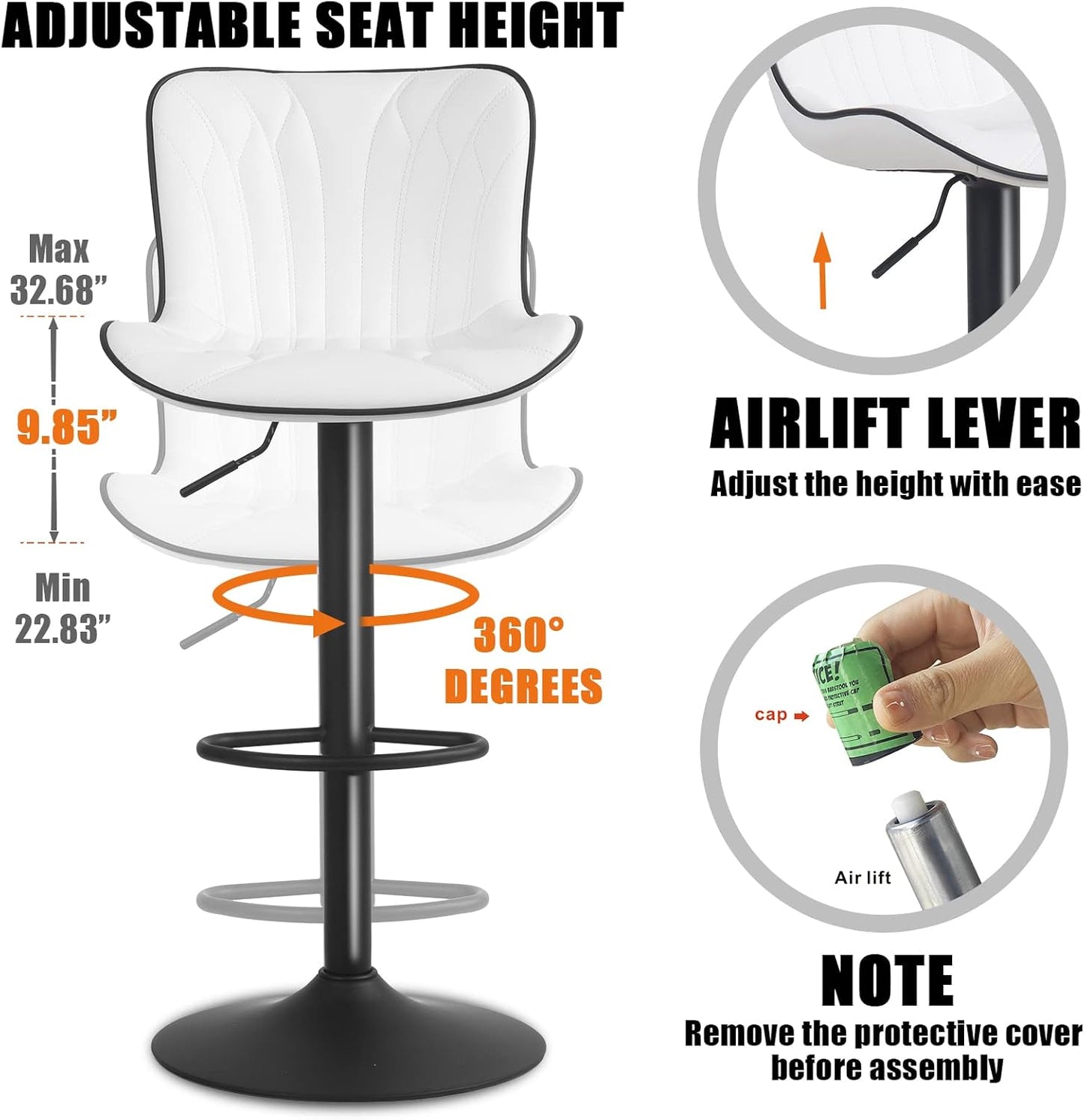 YOUNIKE White Bar Stools Set of 2 Modern Kitchen Counter Height Bar Chair with Back Swivel Adjustable Faux Leather Upholstered Barstools for Breakfast Island Tall 300LBS