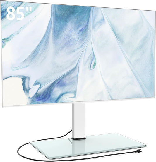 FITUEYES Universal TV Stand with Power Outlets for 50-85 inch TVs, Swivel&Height Adjustable Tall TV Stand for Bedroom Living Room, 27.5''Large Tempered Glass Base Holds up to 143 lbs, Ivory White
