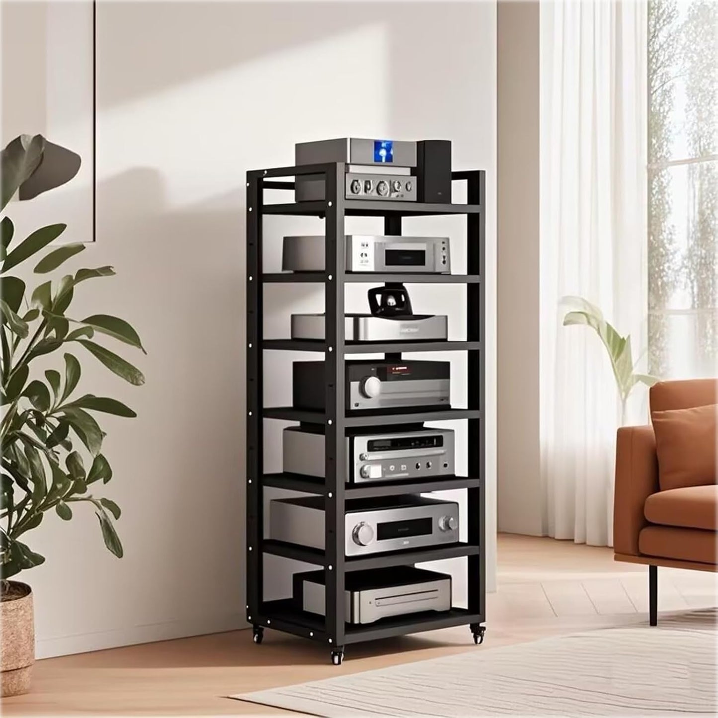 7 Tier Audio Rack Tower, CD Record Player Stereo Receiver AV Equipment Cabinet Display Rack, Weight Capacity 661 lbs, with Adjustable Wooden Shelves for Home (BIACK, 7 Tier 55×19.7×15.7IN)