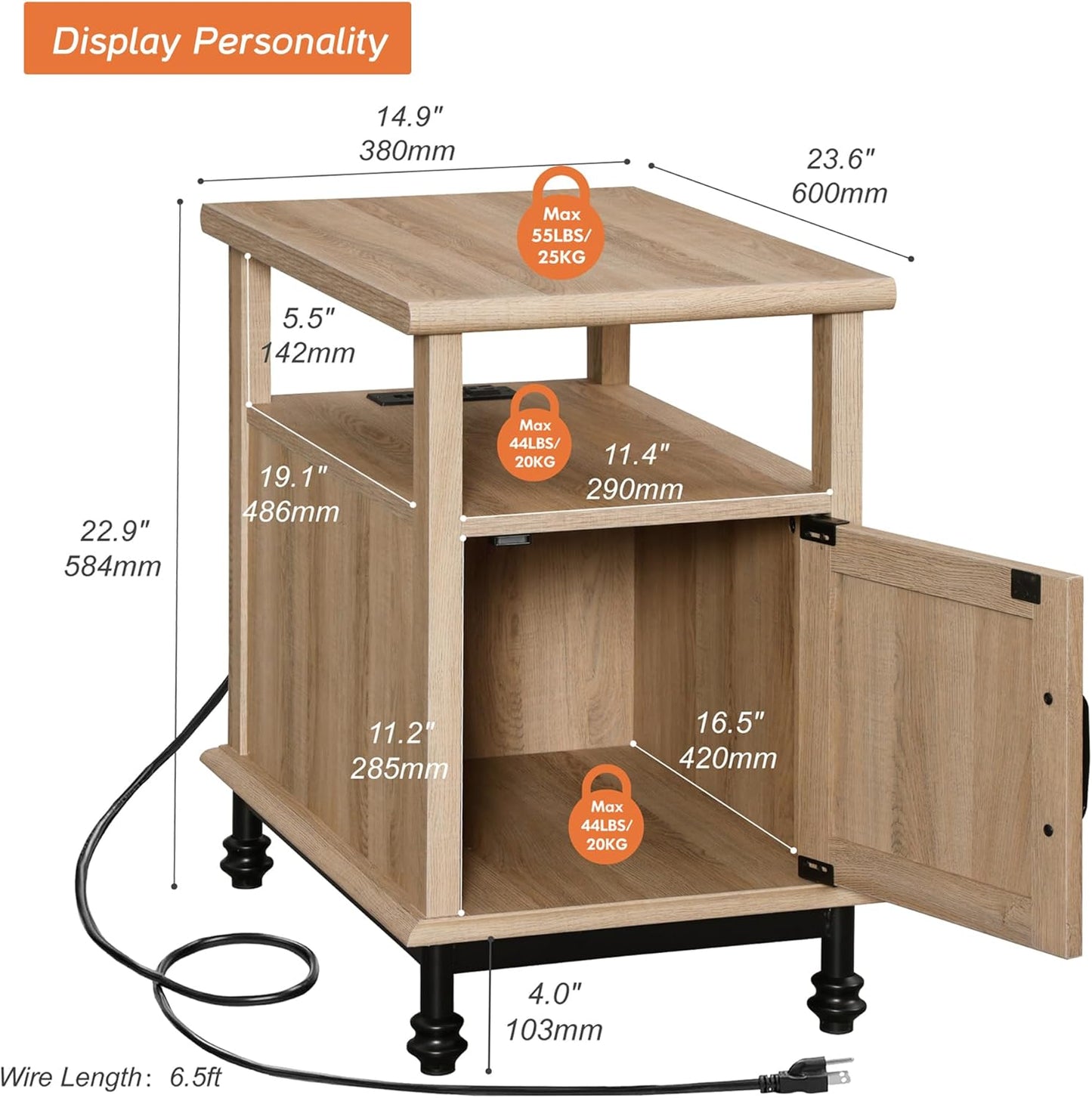 WAMPAT Oak End Table with Charging Station, Sofa Side Table with Storage Cabinet for Living Room, Light Wood Bedside Table with Metal Leg, Farmhouse Nightstand for Bedroom