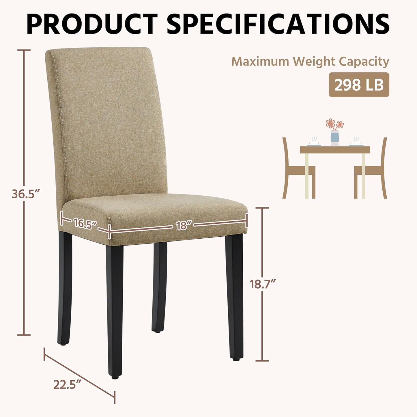 Yaheetech Dining Chairs Set of 4 Fabric Parson Upholstered Kitchen Chairs with Padded Seat and Solid Wood Legs for Dining Room/Restaurant, Armless Design, Khaki