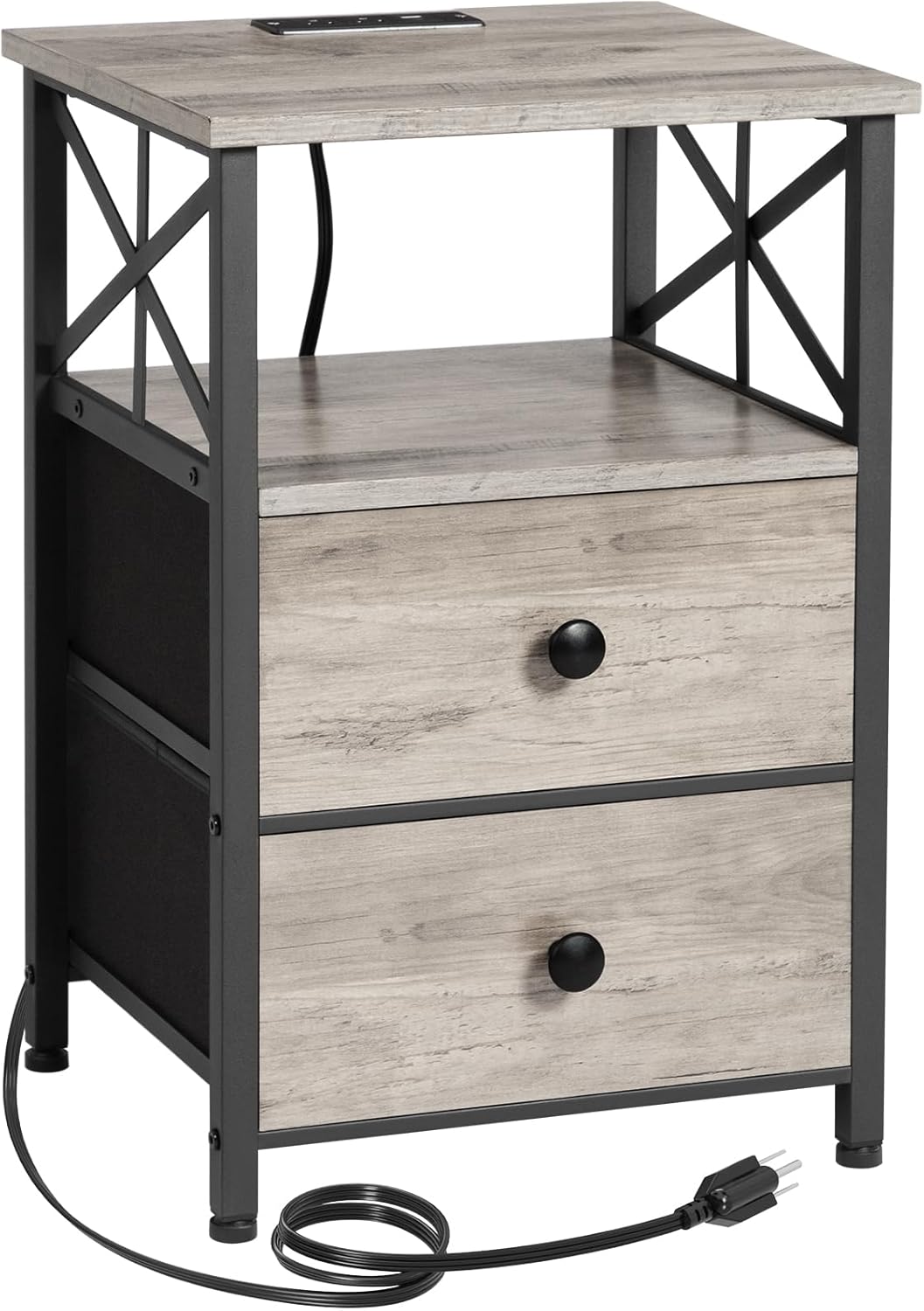 AMHANCIBLE Night Stand, Nightstand with Charging Station, End Tables Living Room with Fabric Drawer, Bedside Table with USB Ports and Outlets for Small Spaces Bedroom, Greige HET05XGY1