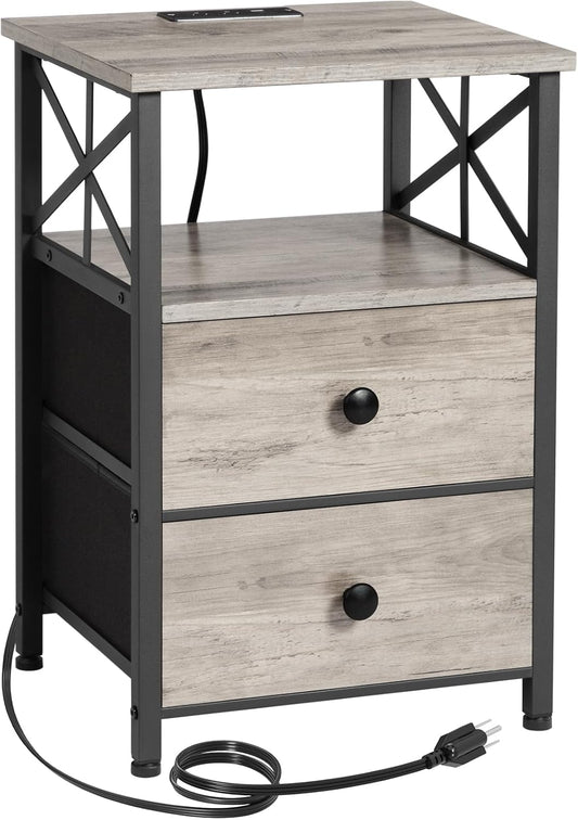 AMHANCIBLE Night Stand, Nightstand with Charging Station, End Tables Living Room with Fabric Drawer, Bedside Table with USB Ports and Outlets for Small Spaces Bedroom, Greige HET05XGY1