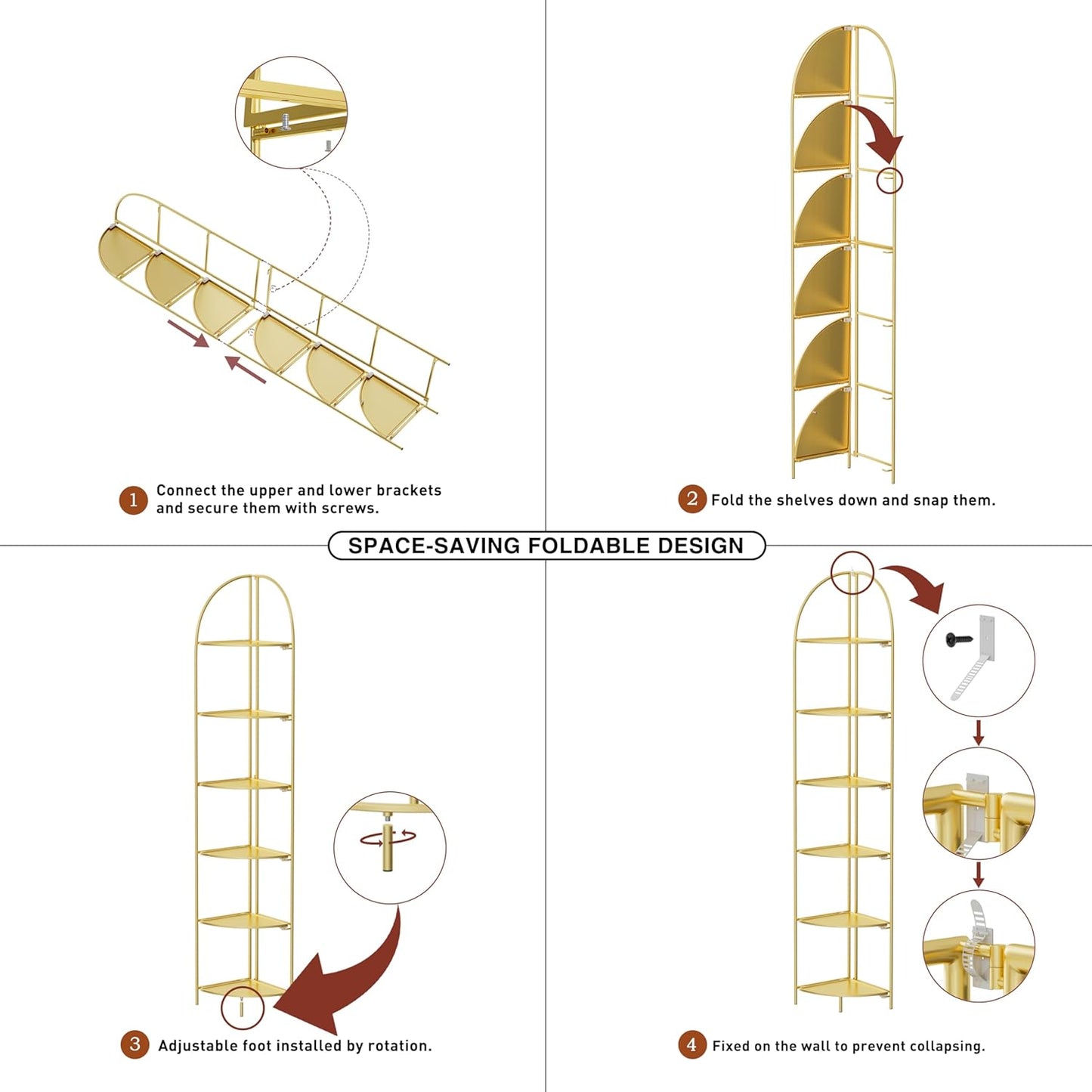 Crofy Foldable 6 Tier Corner Shelf, Metal Corner Plant Stand with Gold Frame and Gold Shelves, Corner Display Rack Multipurpose Shelving Unit for Living Room, Bedroom, Bathroom