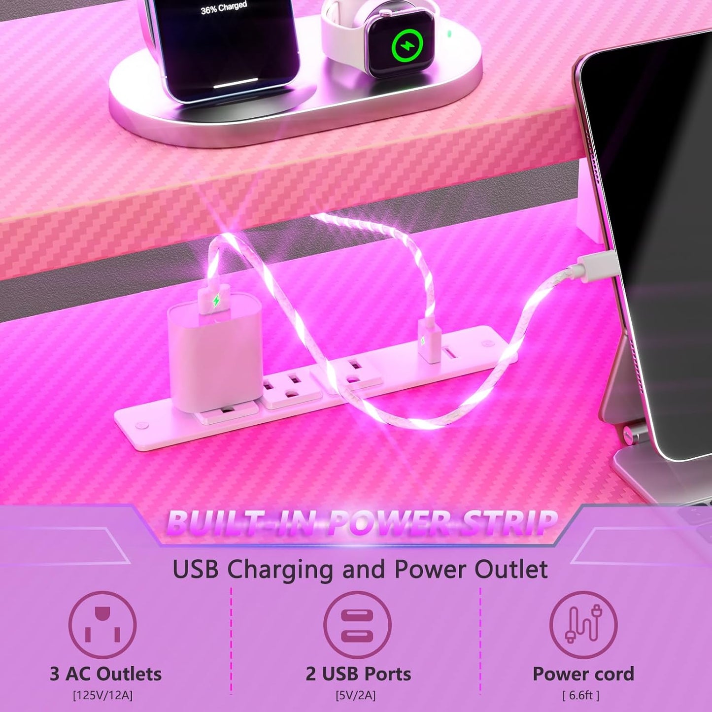 47 Inch Pink Gaming Desk with Power Outlet & LED Lights, Corner Computer Desk with 3 Tiers Storage Shelves, L Shaped Gaming Desk with Monitor Stand for Bedroom