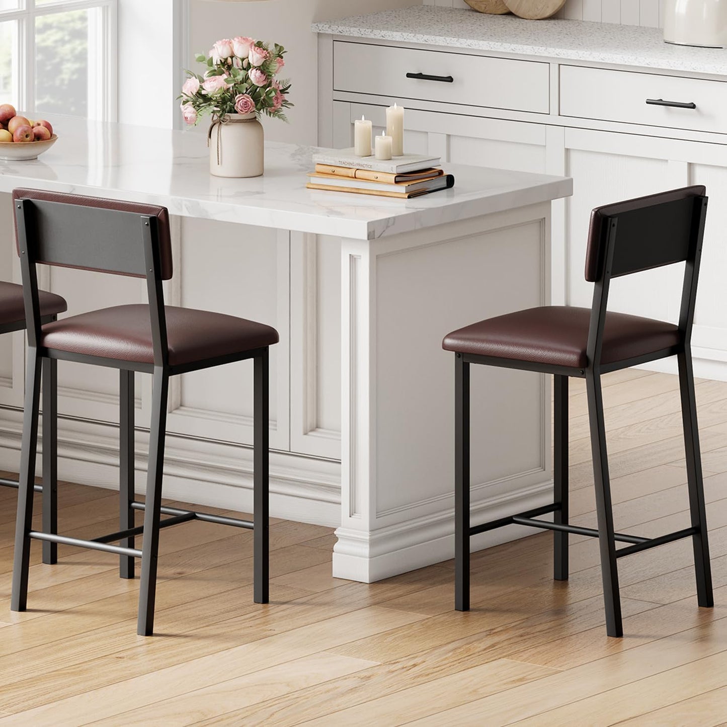 GarveeHome Bar Stools Set of 2, Counter Stools with Back and Thickened Metal Legs, Upholstered PU Leather Counter Height Barstools with Footrest, for Kitchen Island, Bar, Dark Brown