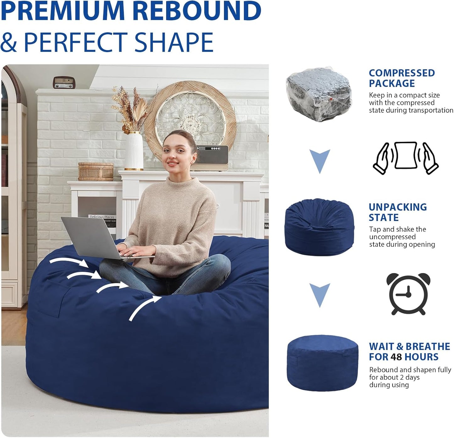 3FT Bean Bag Chair, Comfy Bean Bag Chairs with Memory Foam Filled, Fluffy Beanbag Sofa with Dutch Velvet Cover, Round BeanBag Chairs for Living Room, Playroom - Blue