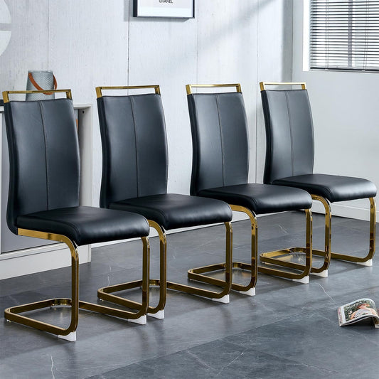 Modern Dining Chairs Set of 4,High Back Black Kitchen Chairs,Faux Leather Side Chair with Gold Plated Metal Legs,Easy to Clean Upholstered Dining Chairs,Ideal for Living Room(Gold Leg)