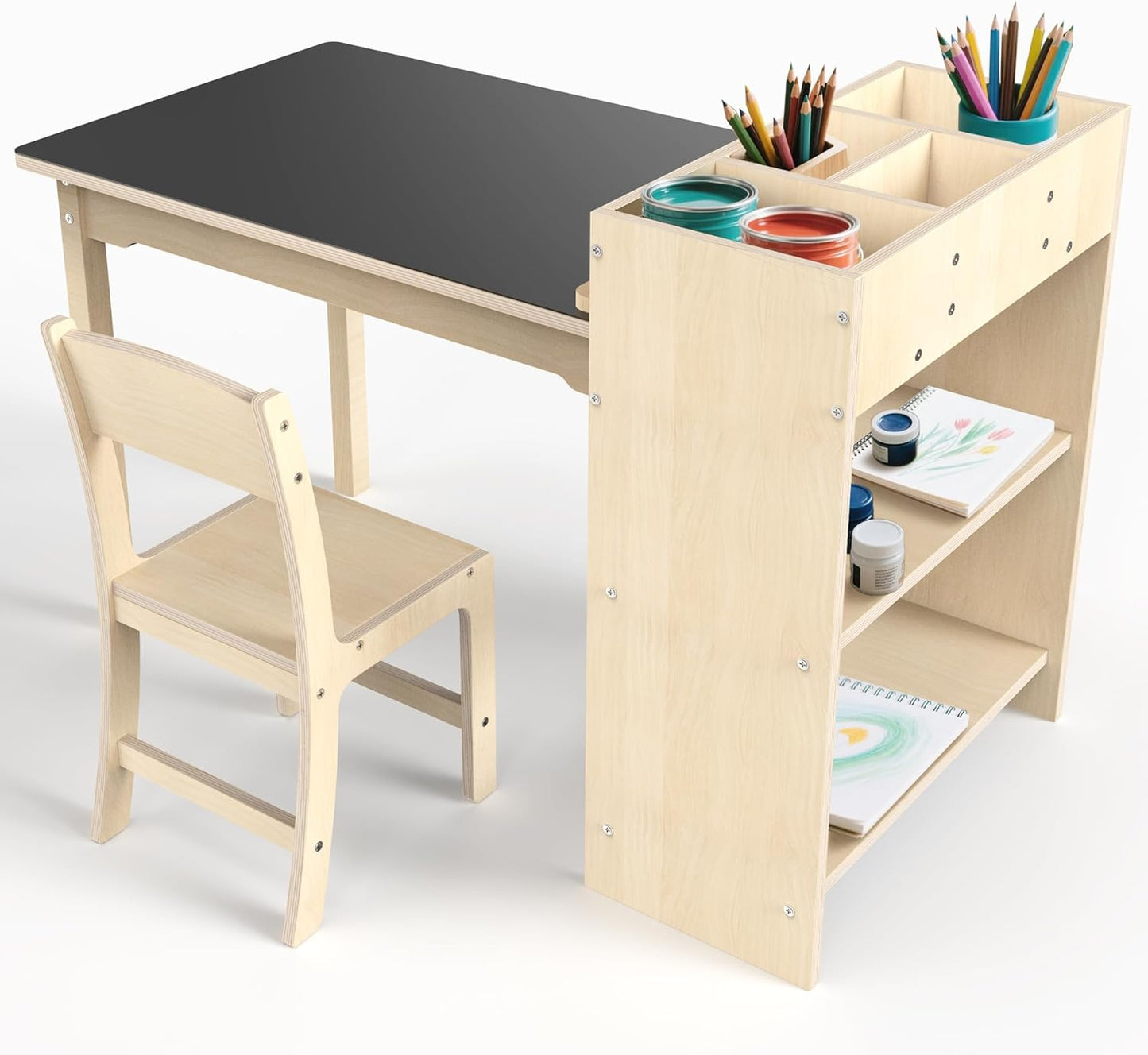Kids Art Table and Chair Set, Sturdy Beech Wood Study Desk for Children’s Drawing, Learning & Play - Multi-Functional Activity Table for Home,Toddler Desk with Storage and 1 Chair
