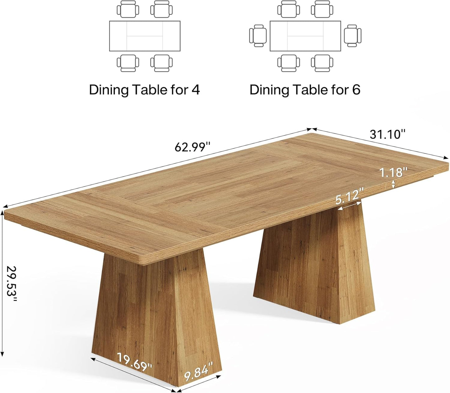 LITTLE TREE Dining Table for 6 People, Wooden Dining Table, Rectangle Table with Heavy Duty Legs, Modern Dining Table for Kitchen, Dining Room, Light Brown