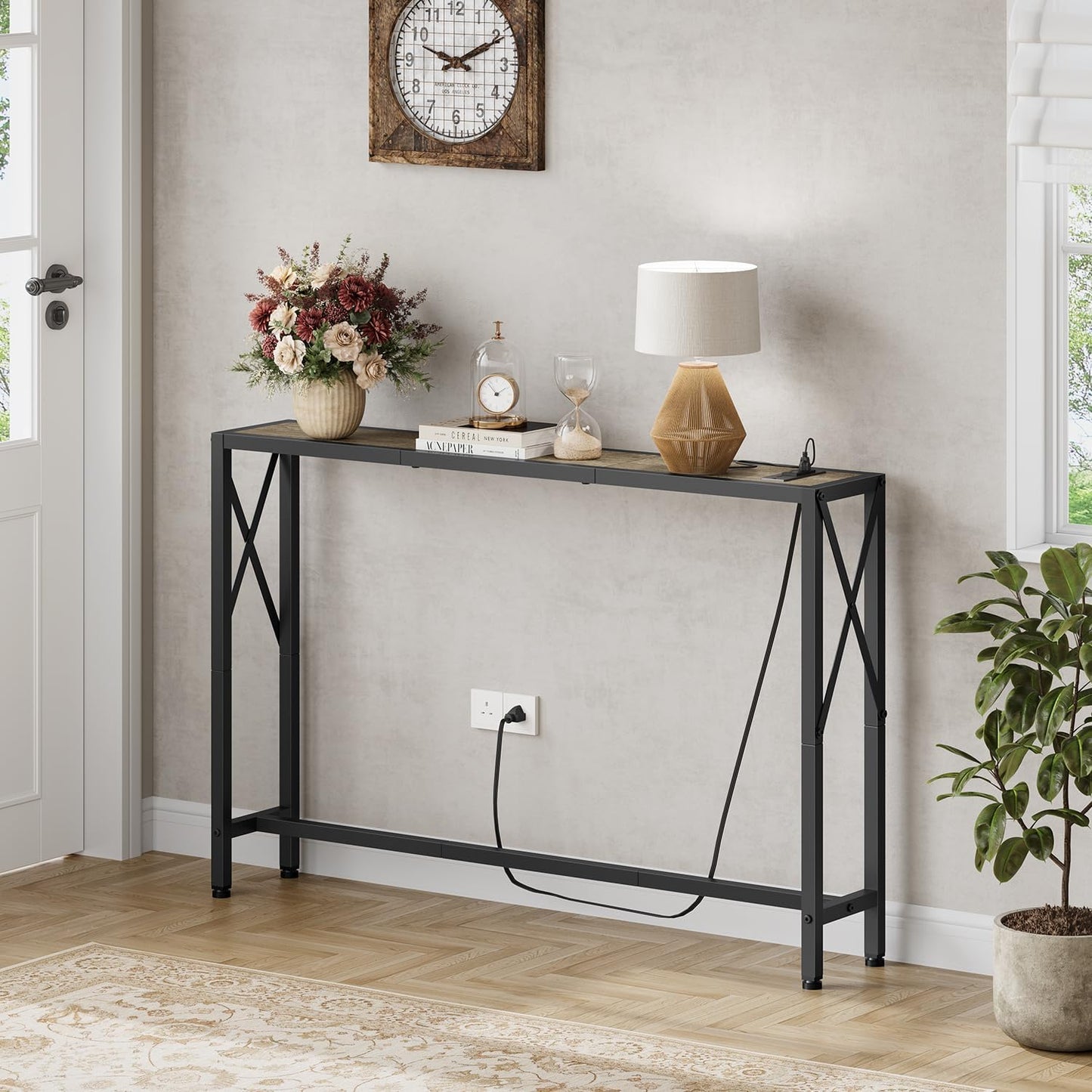 41.7" Console Table, Narrow Behind The Couch Table with Outlet, Industrial Skinny Sofa Table for Hallway, Entryway, Living Room,Walnut