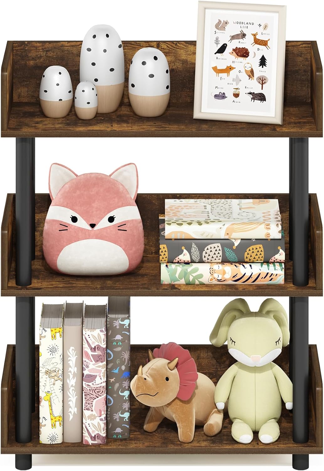 Furinno Turn-N-Tube 3-Tier Multipurposes Display Rack, Open Shelf Rack/Storage with Back & Side Panel, Amber Pine/Black