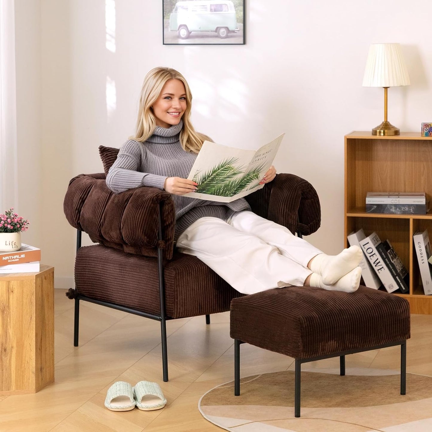 HollyHOME Modern Velvet Accent Chair with Ottoman, Upholstered Comfy Reading Chair and Footstool, Fabric Large Lazy Arm Chair and Stool, Lounge Sofa Chair for Living Room, Bedroom, Coffee Chair&Stool