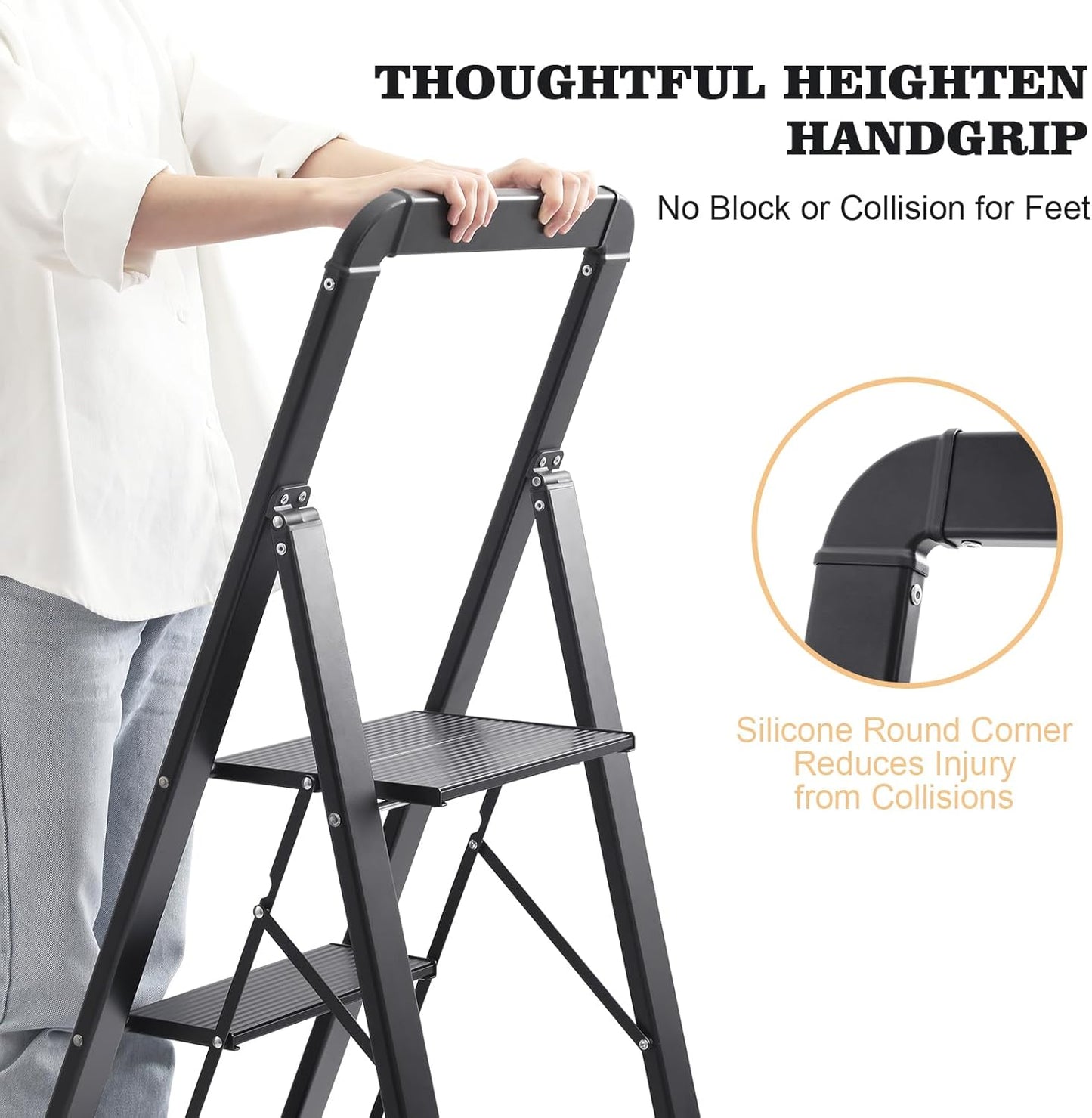 KINGRACK Aluminium 4 Step Ladder, Lightweight Step Stool with Non-Slip Pedals, Handrail, Foldable Step Ladder for Kitchen, Garage, Home, Space Saving, Sturdy and Portable, Black