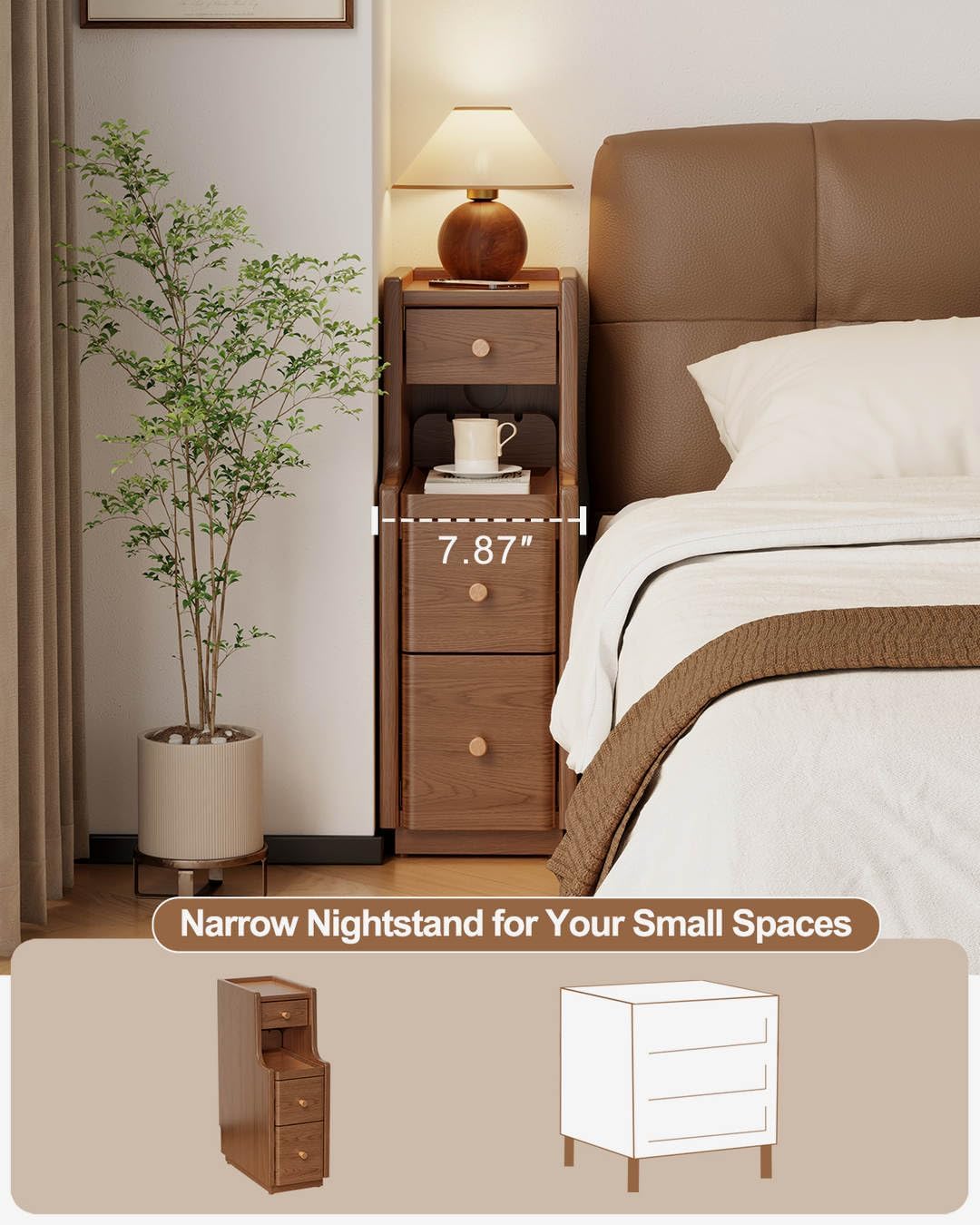 Narrow Nightstand with 3 Drawers,Solid Wood Small Nightstand Walnut, Modern Small Bedside Tables for Bedroom(Fully Assembly)
