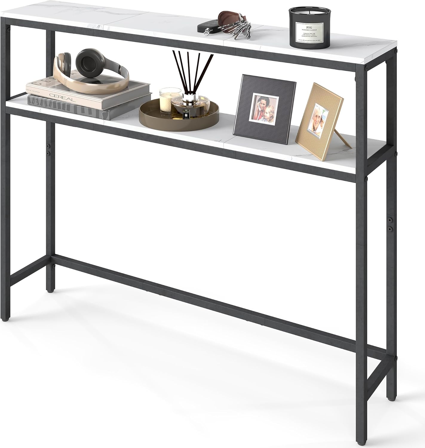 VASAGLE Console Table, 2-Tier Narrow Sofa Table with 2 Shelves, 7.9 x 39.4 x 31.5 Inches, for Living Room, Hallway, Entryway, Marble White and Ink Black ULNT131W59V1