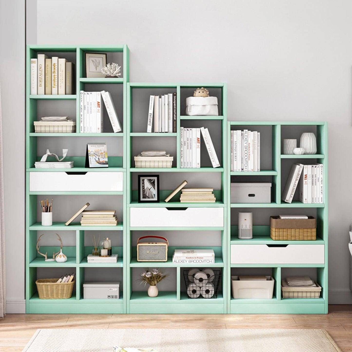 IOTXY Wooden Open Shelf Bookcase - 61 Inches Height Freestanding Display Storage Cabinet Organizer with 8 Cubes and a Drawer, Floor Standing Bookshelf in Tiffany-Green