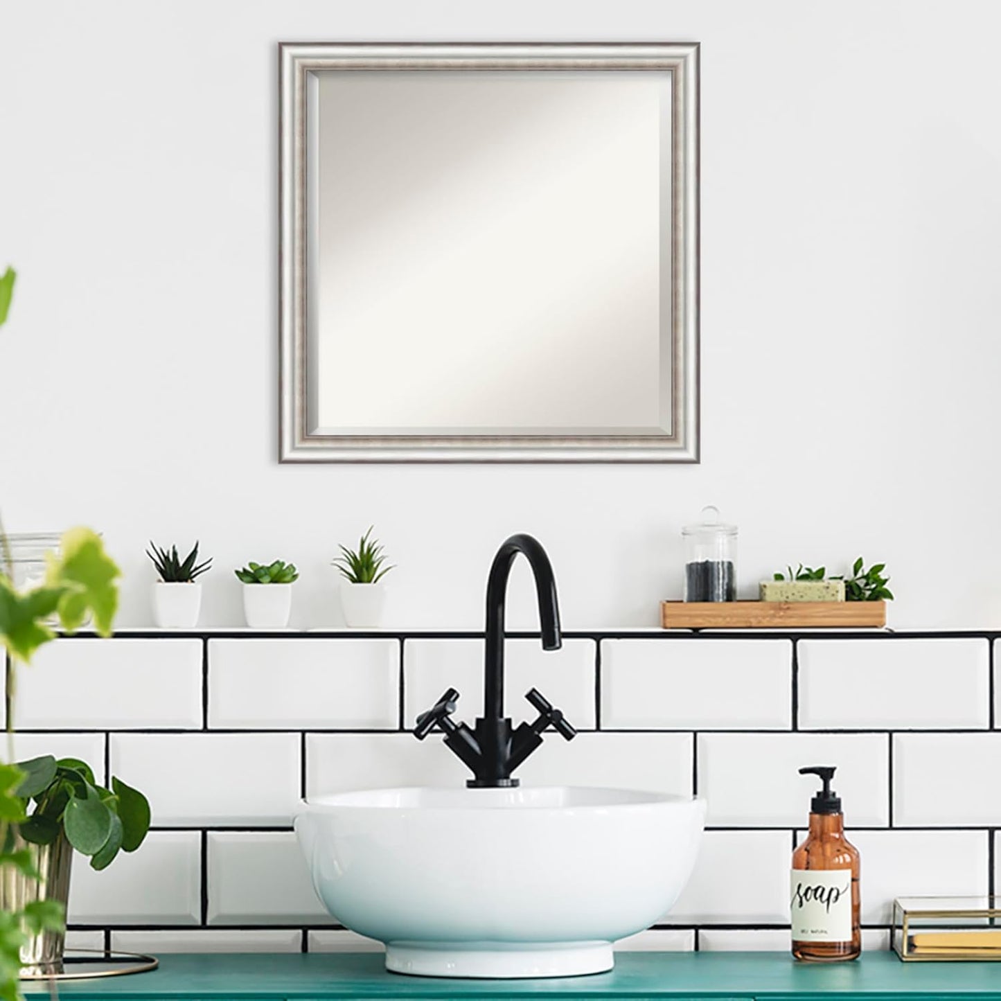 Amanti Art Silver Bathroom Mirror for Over Sink, 23x23 Salon Silver Narrow Square Vanity Mirror, Medium Traditional Frame, Hangs Horizonally and Vertically, Bathroom Wall Decor, Beveled Edge