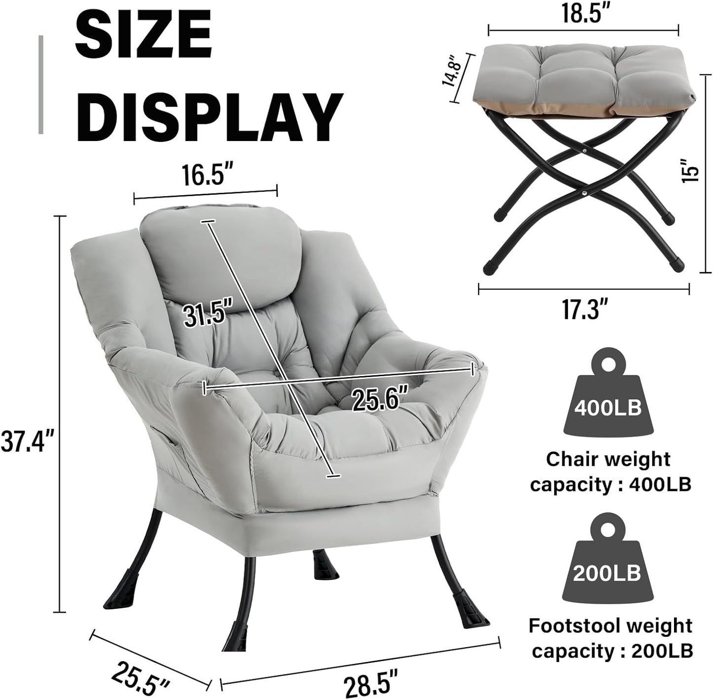 Lazy Chair with Ottoman, Modern Accent Chair Contemporary Lounge Leisure Sofa Chair with Armrests, Reading Chair and Folding Footstool Set for Living Room, Bedroom, Office, White Grey