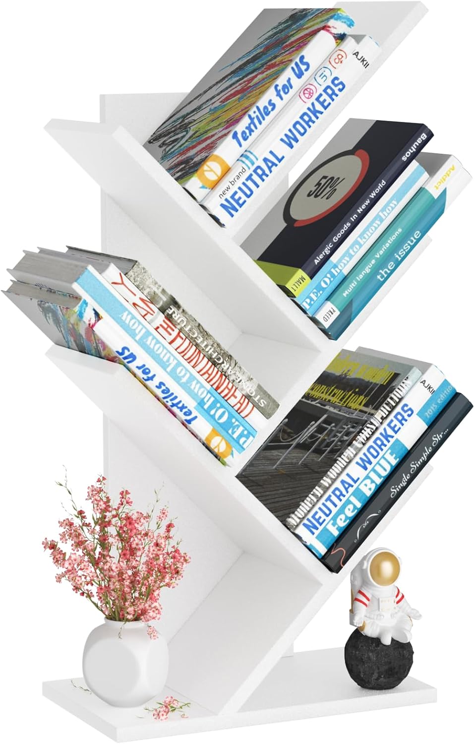 5 Tier Tree Book Shelf, Small Desktop Bookshelf with Storage Organizer, Wood Bookcase, Desk Display Bookshelves, Floor Standing Organizer Bookcases for Living Room,Bedroom,Office-White