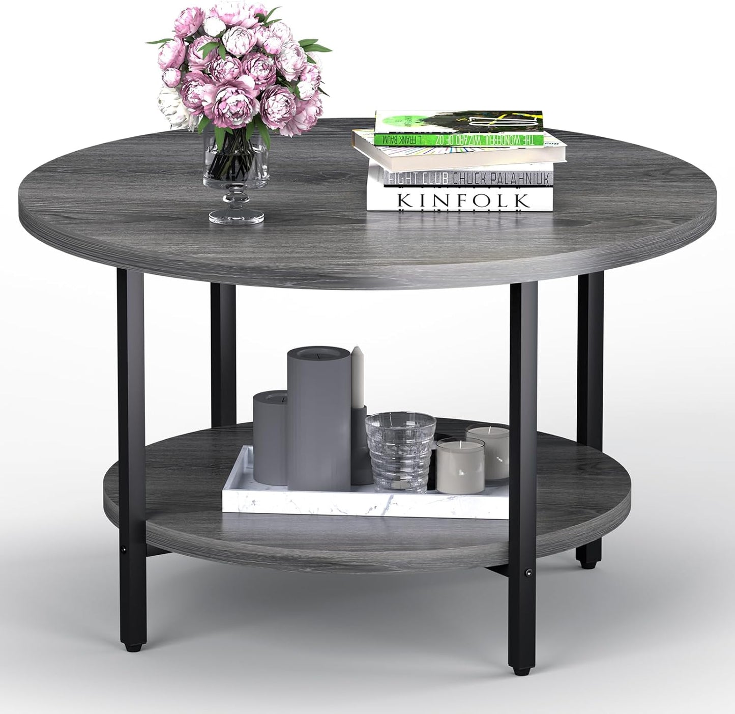 Coffee Table, 2 Tier Coffee Tables for Living Room, Round Coffee Table with Storage, Floor Table for Bedroom, Home Office, Grey (27.6" D x 17.7" H)