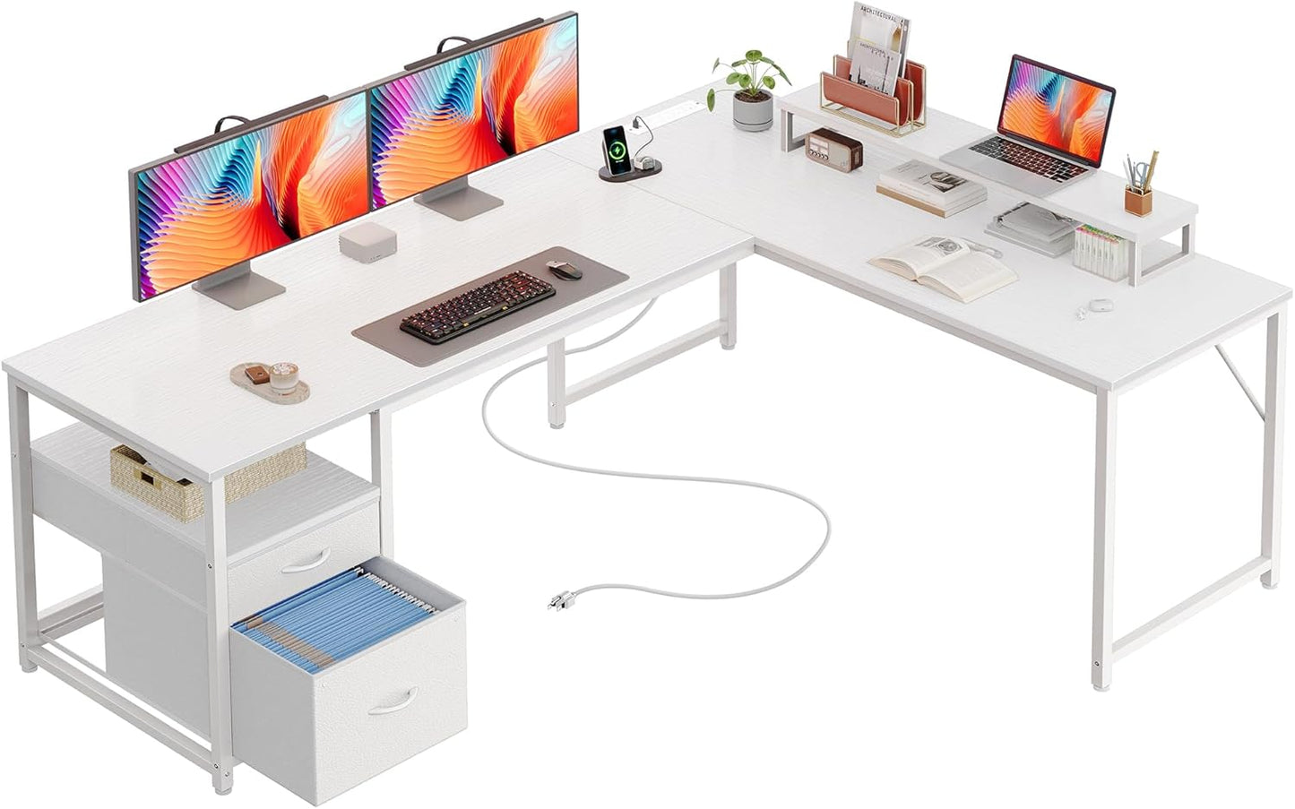 PRAISUN 63 Inch L Shaped Desk with Power Outlets and USB-C Port, Computer Corner Home Office Desk with File Fabric Drawers and Movable Monitor Stand, Larger Storage, Gaming, Writing, Work, White
