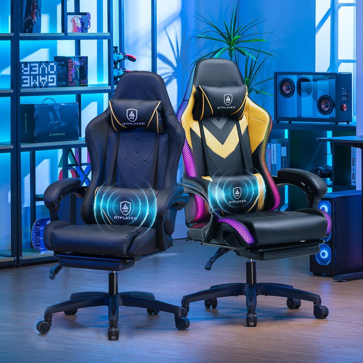 GTPLAYER Gaming Chair, RGB Gaming Chairs with LED Lights, Video Gaming Chair for Adults, Ergonomic Computer Gaming Chair with Linkage Armrest, Reclining Chair with Headrest (with Massage, Black)