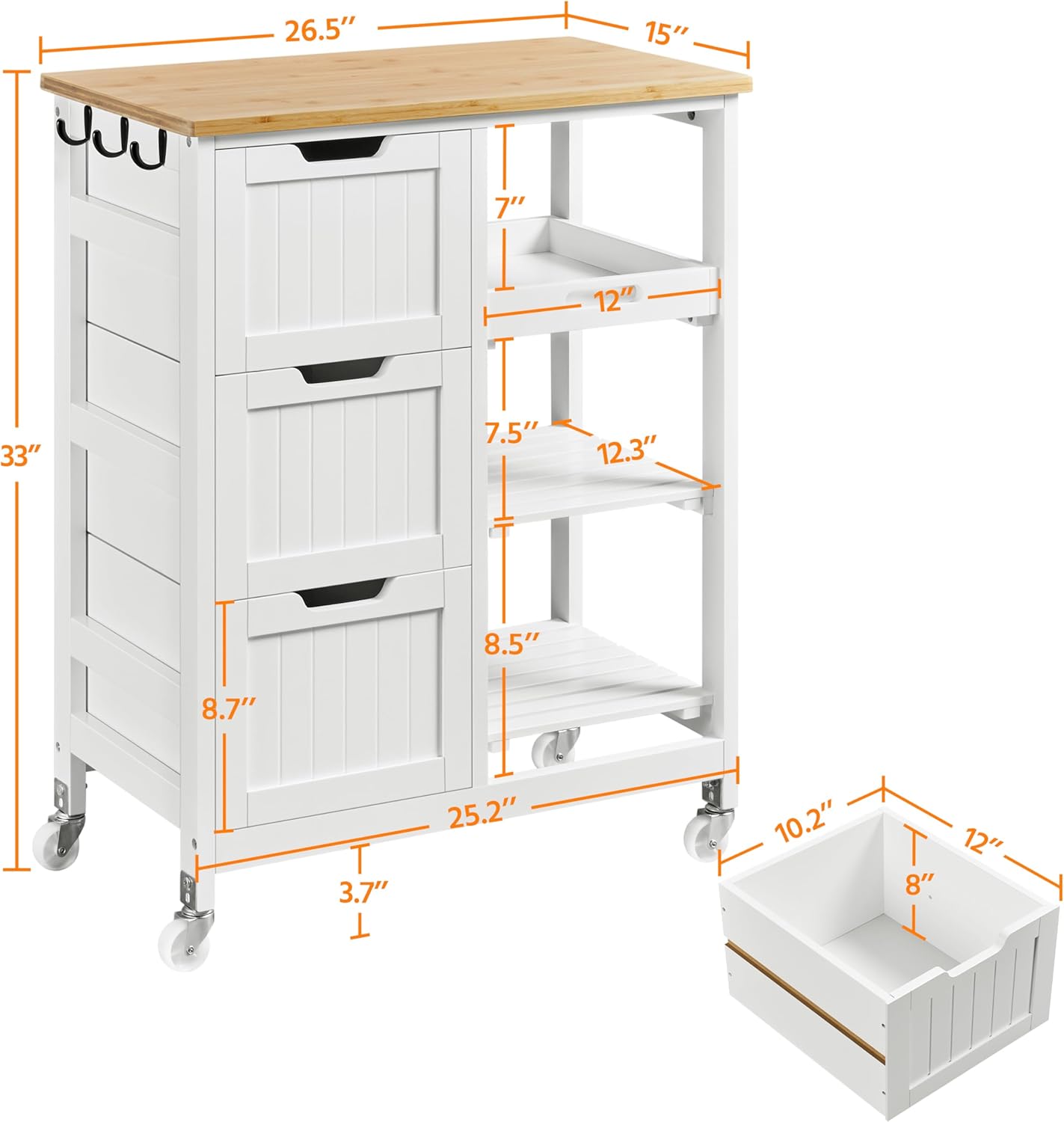 Yaheetech Kitchen Island Cart on Wheels with Bamboo Countertop, Rolling Serving Utility Trolley Cart with 3 Drawers, 3 Removable Shelves & Lockable Casters, Storage Cabinet for Dining Room, Bar, White