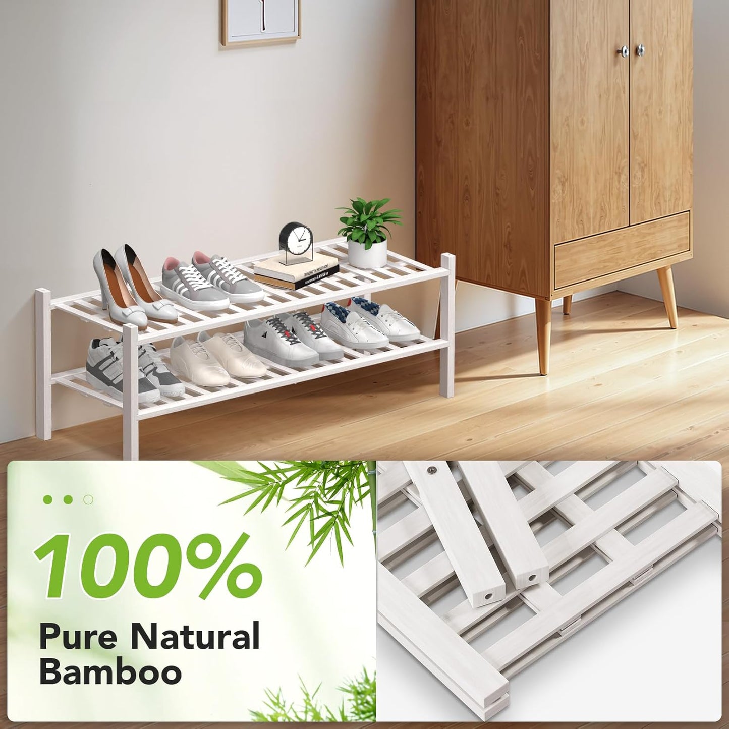 Haddockway Long 2 Tier Bamboo Shoe Rack Storage Organizer, Multifunctional Free Standing Stackable Shoe Shelf with Grid Panel for Closet,Hallway,Entryway,Small Space 34.2"x11"x13"(White, 2-Tier(Long))