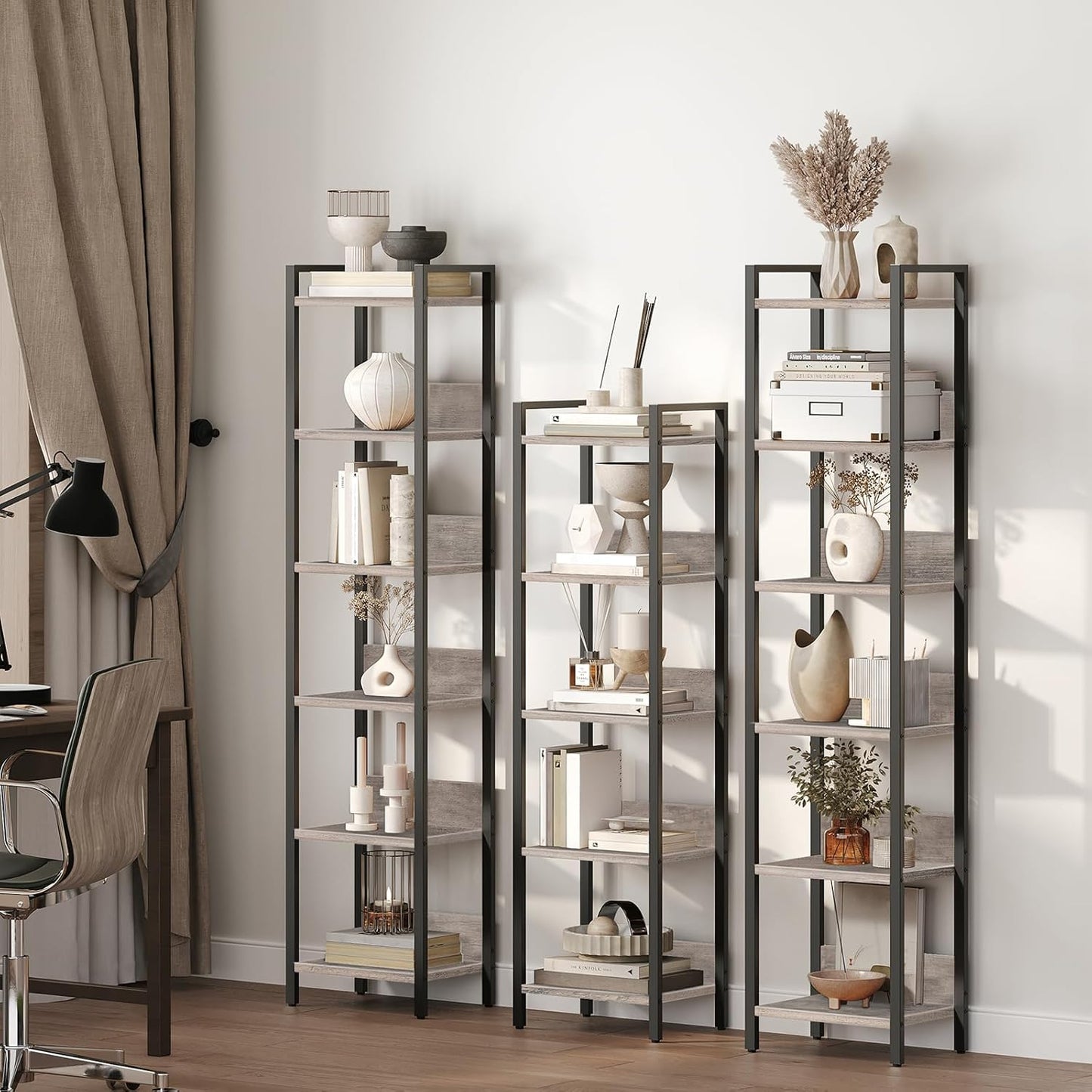 Bookshelf, 6-Tier Bookcase, Standing Book Shelf for Small Space, Storage Shelf Organizer, for Living Room, Bedroom, Study, Balcony, Greige and Black BKHG6601