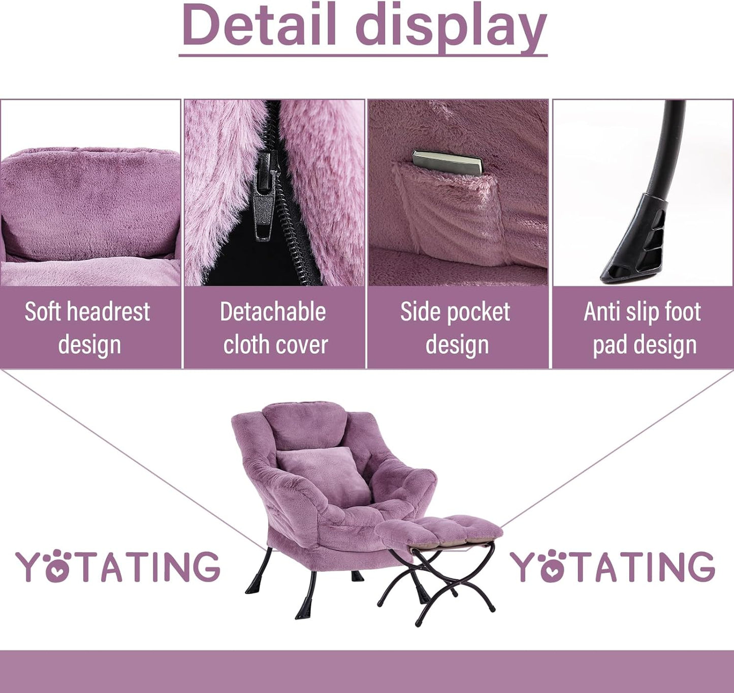 Lazy Chair with Ottoman, Comfy Reading Lounge Chair with Footstool & Throw Pillow Modern with Armrests & Side Pocket for Living Room, Bedroom, Dorm Room, Plush Purple