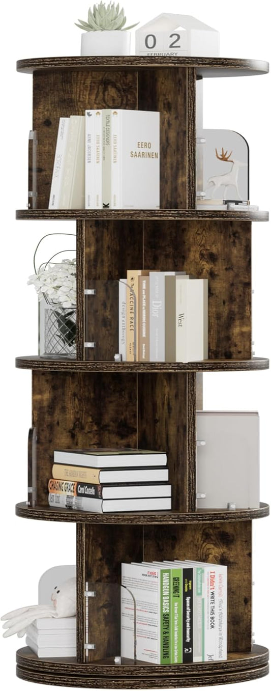 VECELO Rotating Bookshelf Tower, 360°Revolving Bookcase, Modern Tall Book Shelf Storage Display Rack Floor Standing, 4 Tier Storage Rack for Kids&Adults Solid Wood, Brown