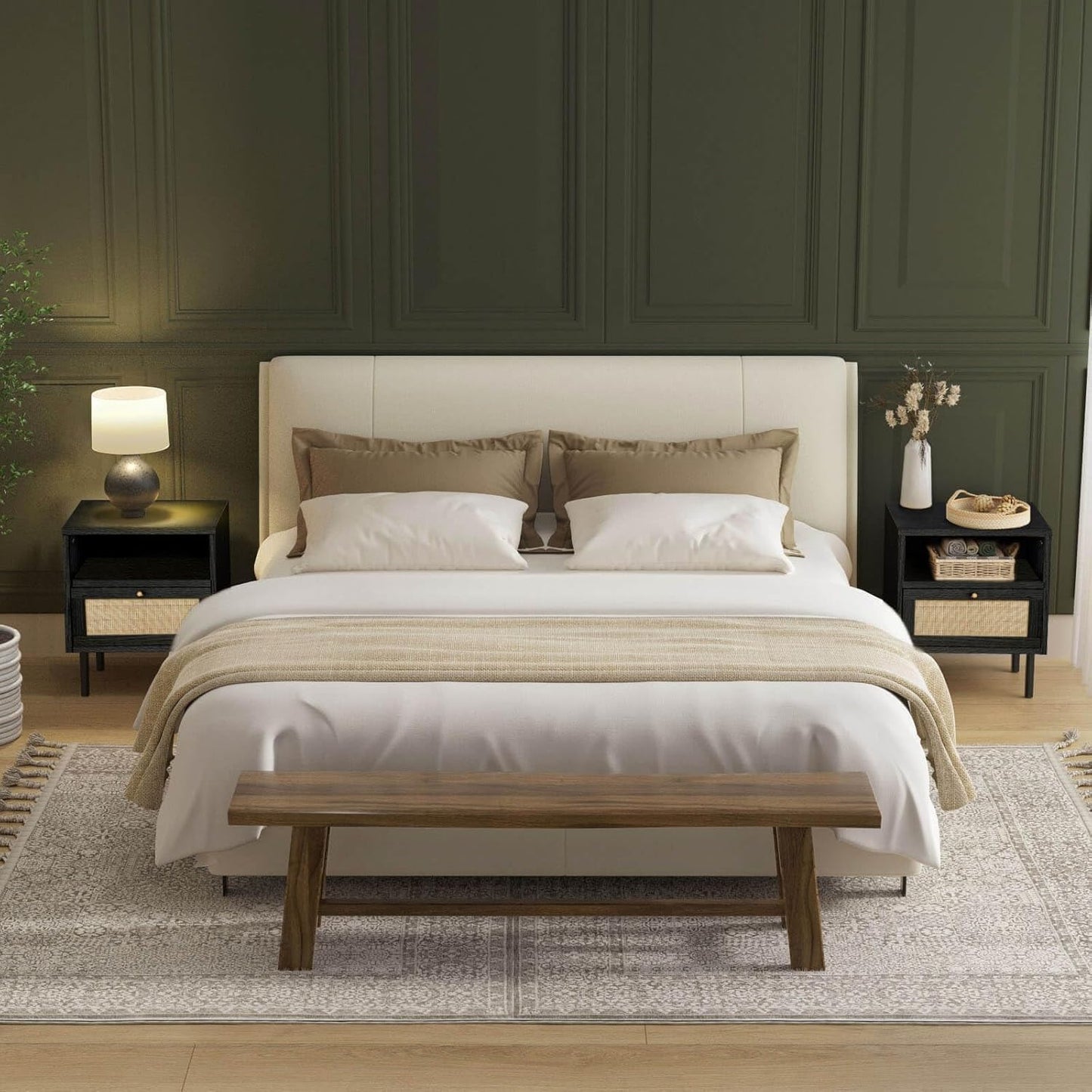 Rattan Night Stand Set 2, Boho Bedside Table Black Nightstand with Rattan Door, Storage Cabinet, Open Storage Space & Sturdy Metal Legs, Accent Bed Side Table, Wood End Tables Bedroom