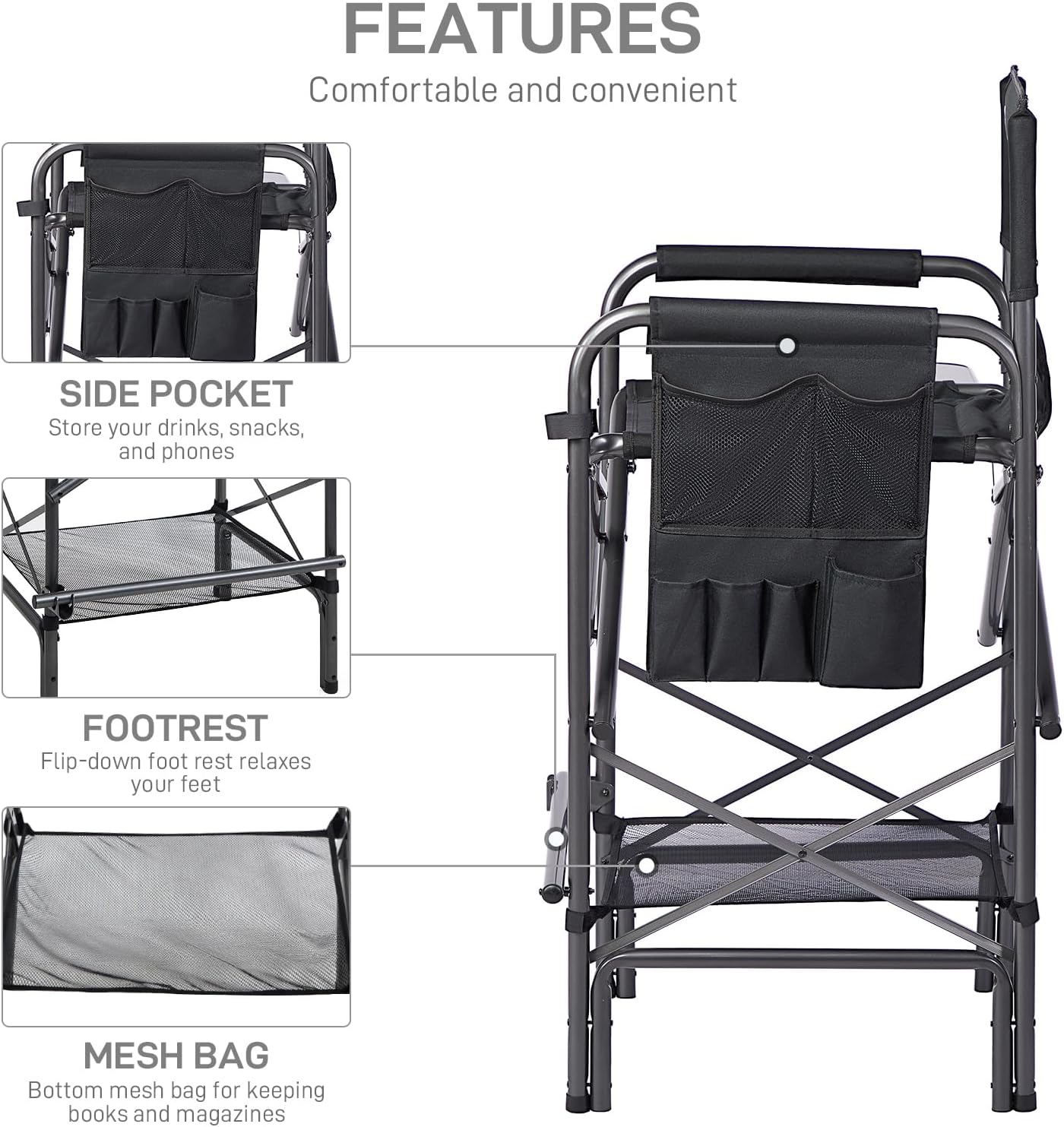 EVER ADVANCED 2 Piece 30.7" Seat Height Directors Chairs for Makeup Artist with Side Table Easy Get in Out for Elderly Tall Camping Chair Supports 350lbs Black