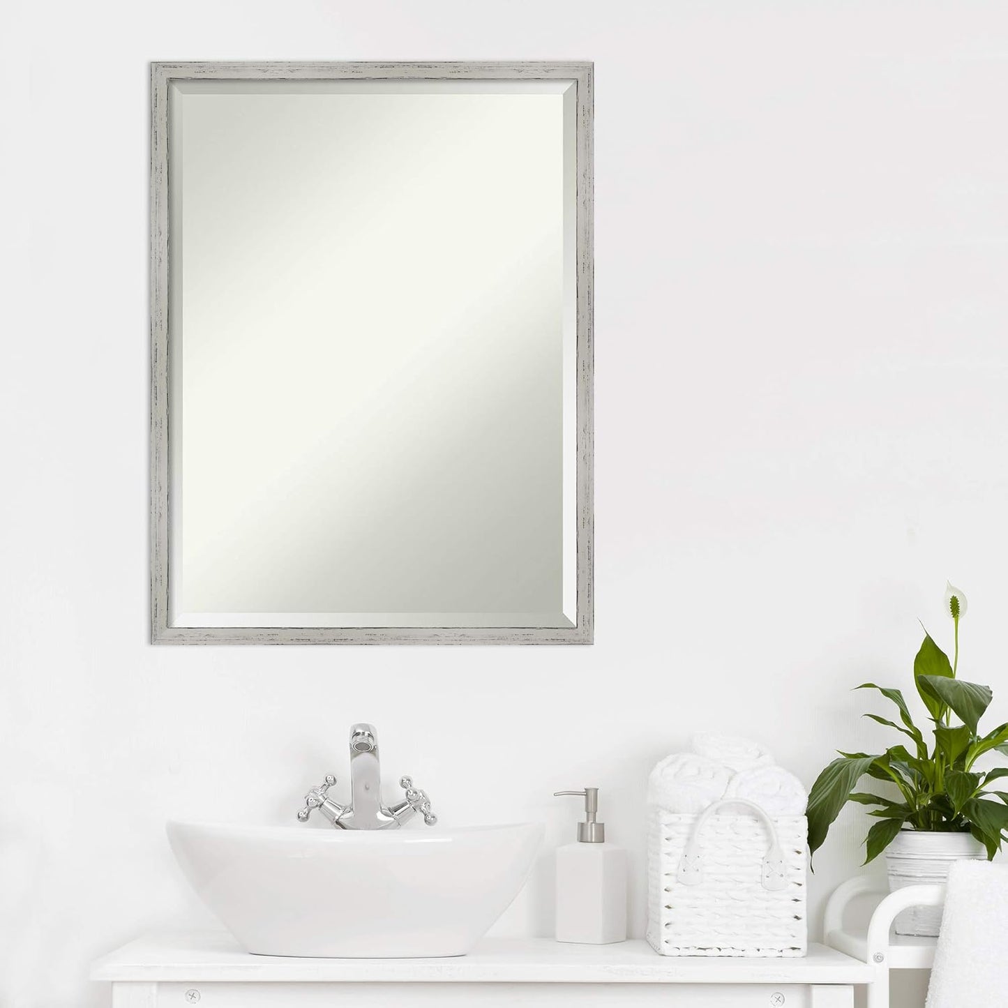 Amanti Art White Bathroom Mirror for Over Sink, 25x19 Shiplap White Narrow Rectangle Vanity Mirror, Medium Coastal Wood Frame, Hangs Horizonally and Vertically, Bathroom Wall Decor, Beveled Edge