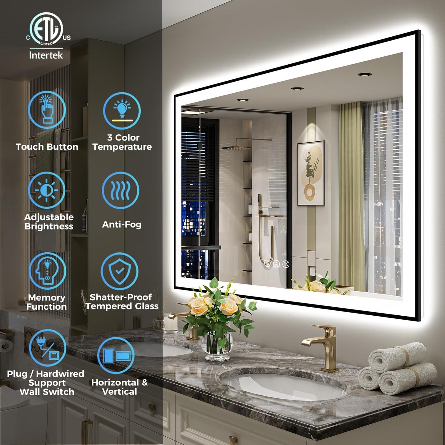 55x40 Inch LED Bathroom Mirror with Lights (Front Lit and Backlit) Black Framed Lighted Vanity Mirror for Bathroom Wall Dimmable Anti-Fog Memory Tempered Glass Horizontal/Vertical