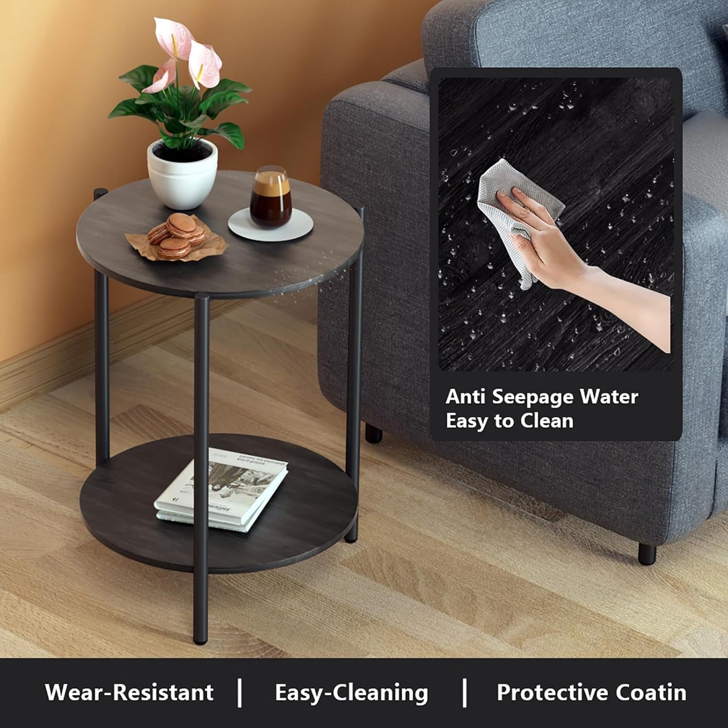 Round Side Table, 2-Tier Circle End Tables with Storage Wood Rustic 15.75" Small End Tables Farmhouse Side Table for Living Room Bedroom Balcony Small Spaces - Grey