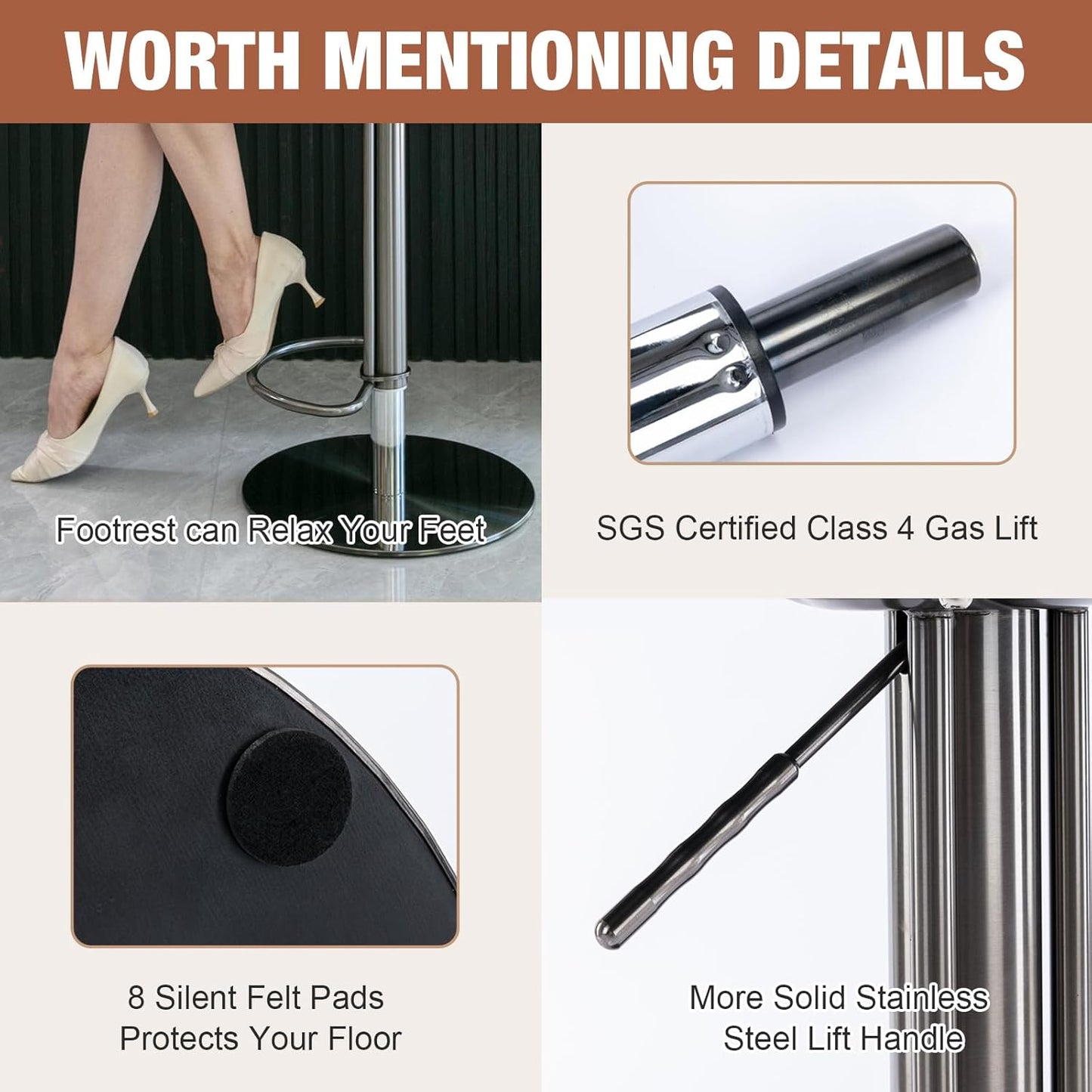 CozyRain Bar Stools Adjustable Stainless Steel Swivel Barstool with Back and Footrest,Modern Leather Upholstered Bar Chairs for Home,Kitchen,Bar, Counter Orange/Grey (2pcs Brown)