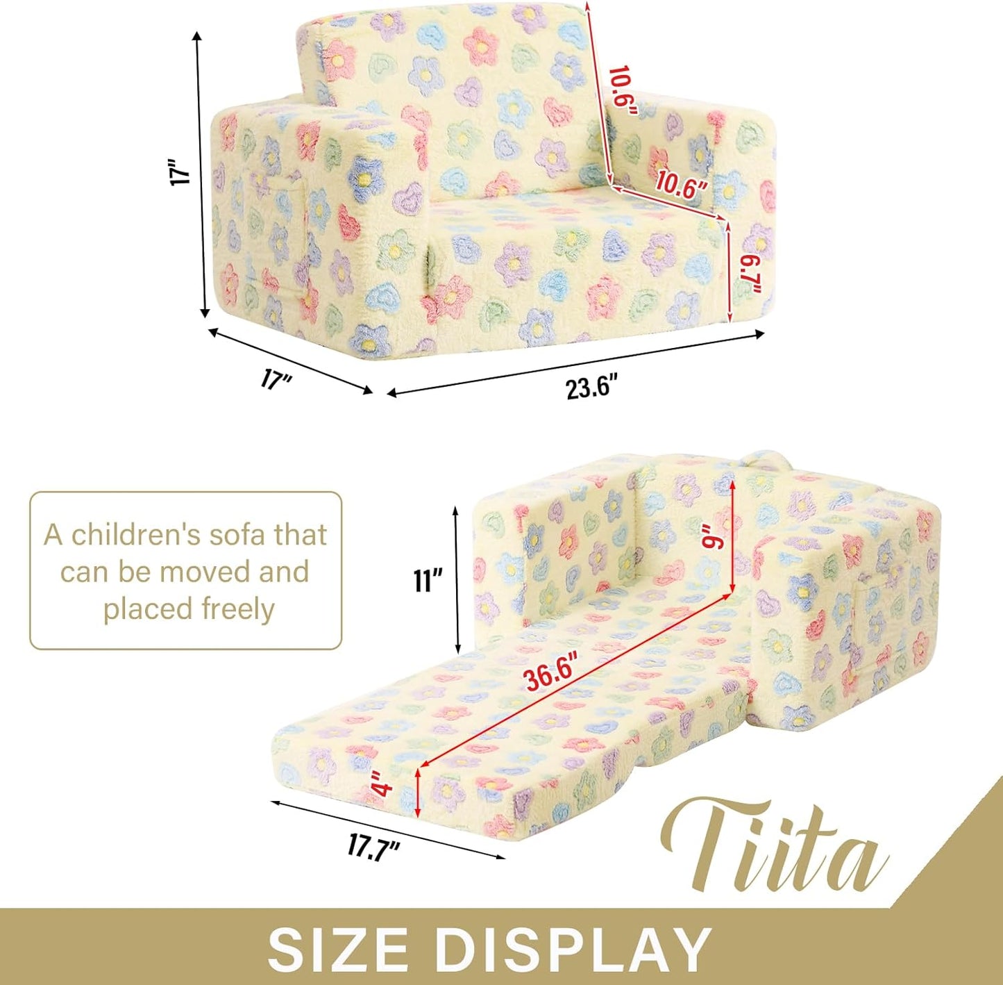 Tiita 2-in-1 Kids Sofa, Convertible Children Couch to Lounger, Flip Out Kids Chair, Toddler Armrest Chair Bed, Folding Kid Play Sofa for Girl or Boy, Flower