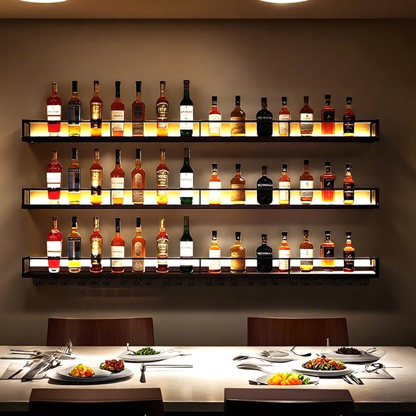 Wall-Mounted Metal Wine Rack with LED Lights 3-Tier Floating Bar Shelves with Wine Glass Rack Large Wine Bottle Display Rack Hanging Shelf, for Home Bar Dining Room Decorative (Black, 120cm/47.2in)