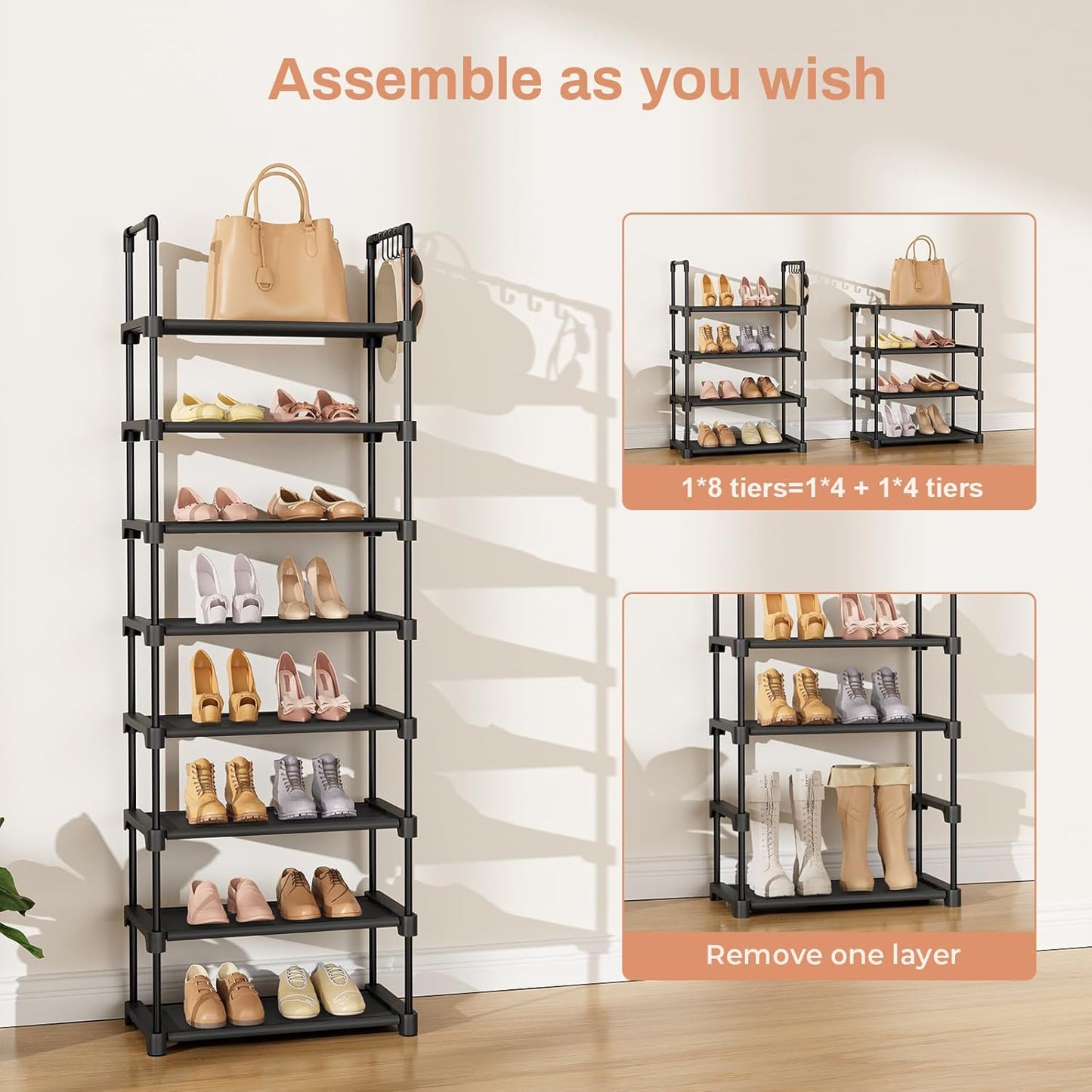 Tall Shoe Rack 8 Tiers, 16-20 Pairs Shoe and Boots Organizer Storage Sturdy Shoe Shelf, Narrow Vertical Shoe Rack for Entryway, Closet, Metal Shoe Organizer with 5 Hooks